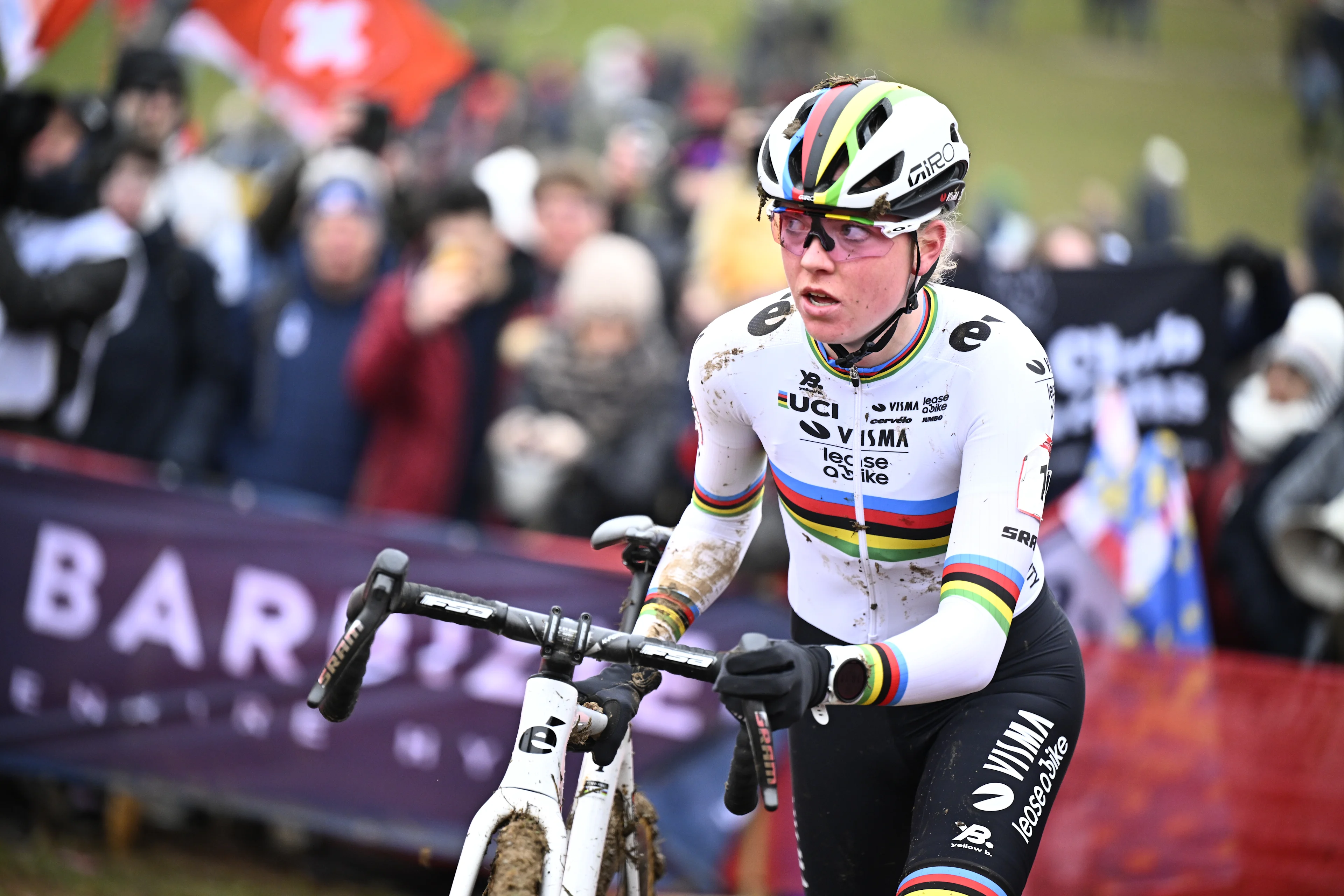 Dutch Fem Van Empel pictured in action during the women's elite race at the Cyclocross World Cup cyclocross event in Besancon, France, , the eighth stage (out of 12) in the World Cup of the 2023-2024 season. BELGA PHOTO JASPER JACOBS