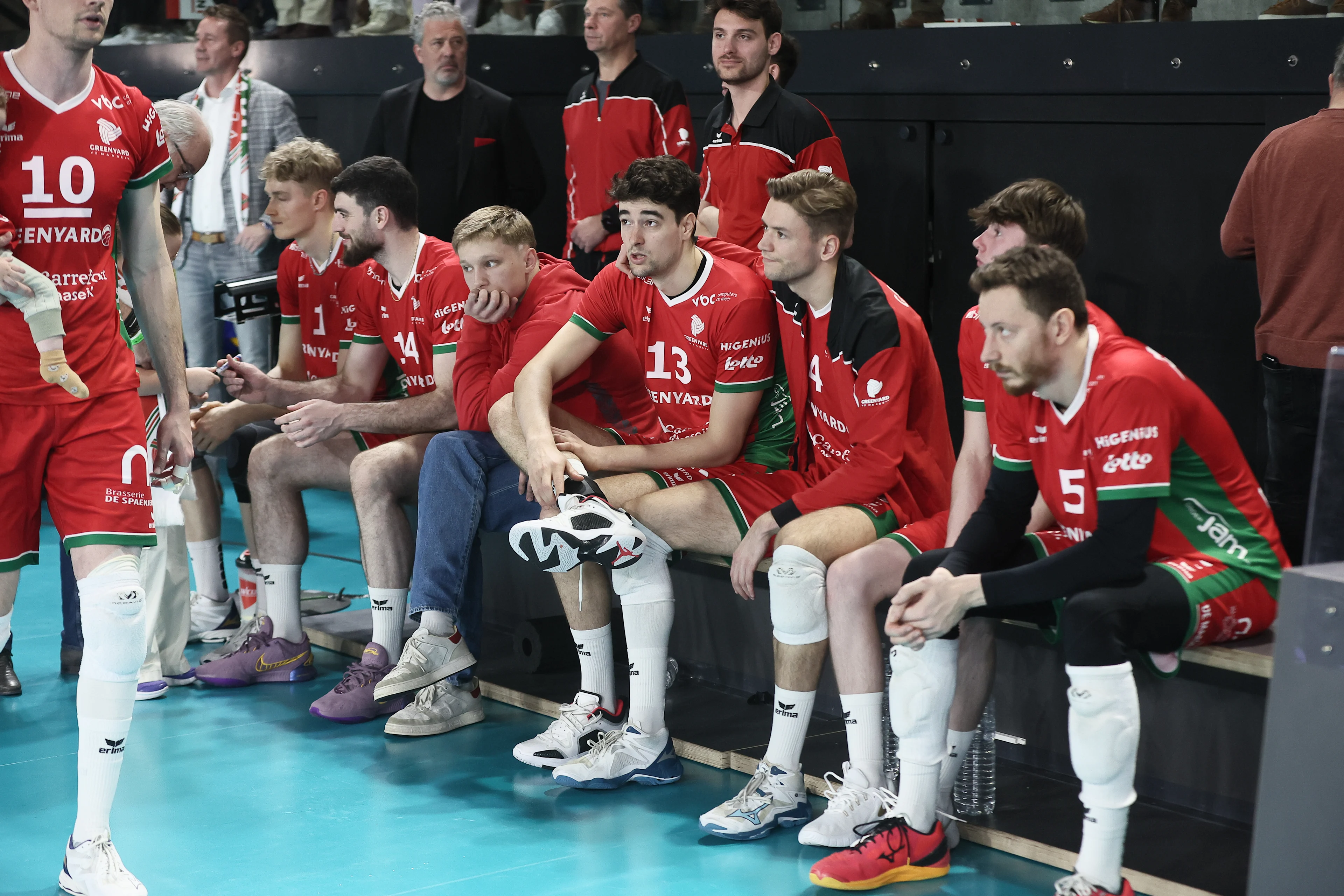 Maaseik's players look dejected after a volleyball match between Greenyard Maaseik and Knack Roeselare, Sunday 28 April 2024 in Maaseik, the last match of the best-of-five finals in the Play Offs of the Belgian volleyball competition. BELGA PHOTO BRUNO FAHY