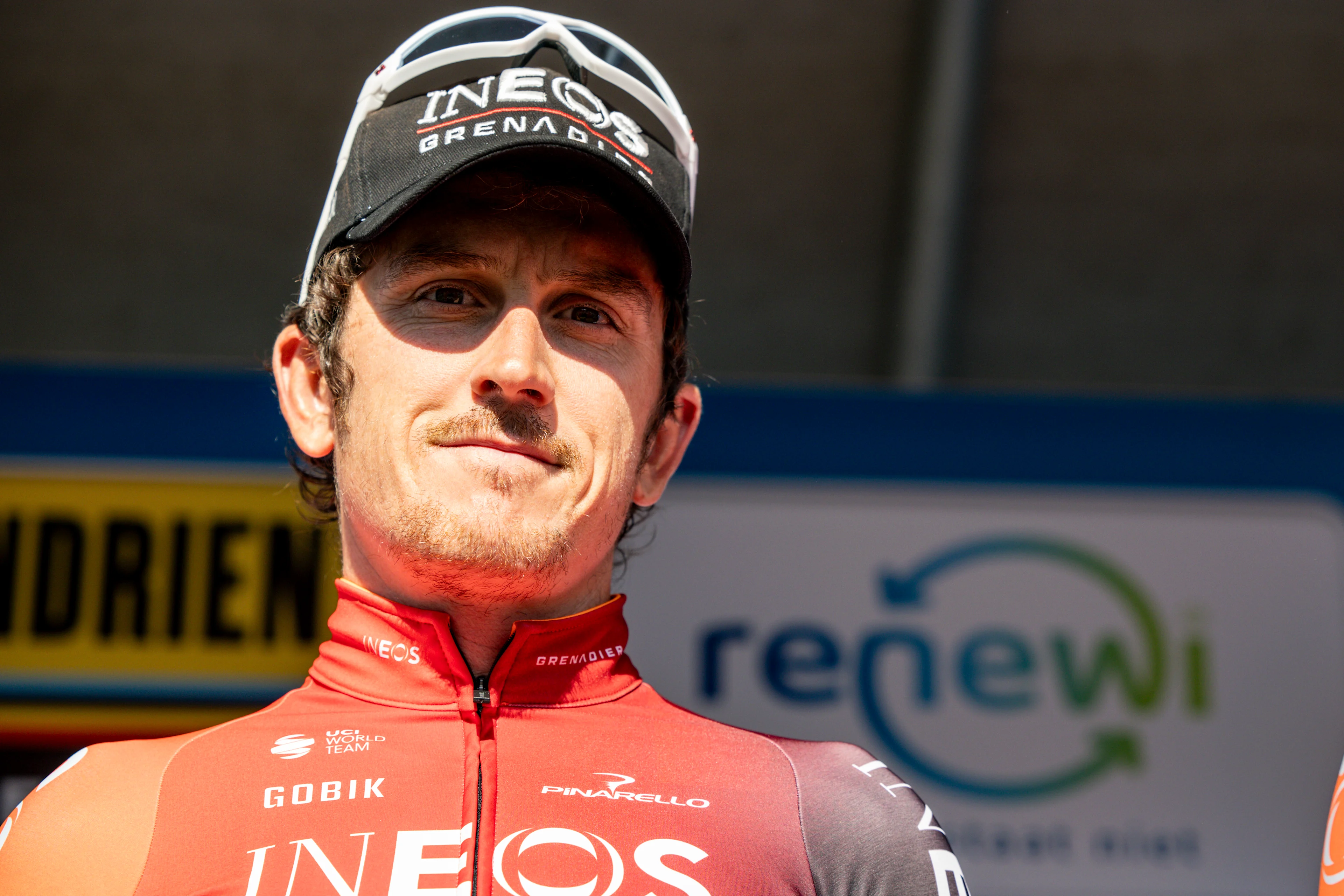 British Geraint Thomas of Ineos Grenadiers pictured during the presentation of the teams ahead of the 'Renewi Tour' multi-stage cycling race, starting tomorrow,on Tuesday 27 August 2024. The five-day race takes place in Belgium and the Netherlands. BELGA PHOTO DAVID PINTENS