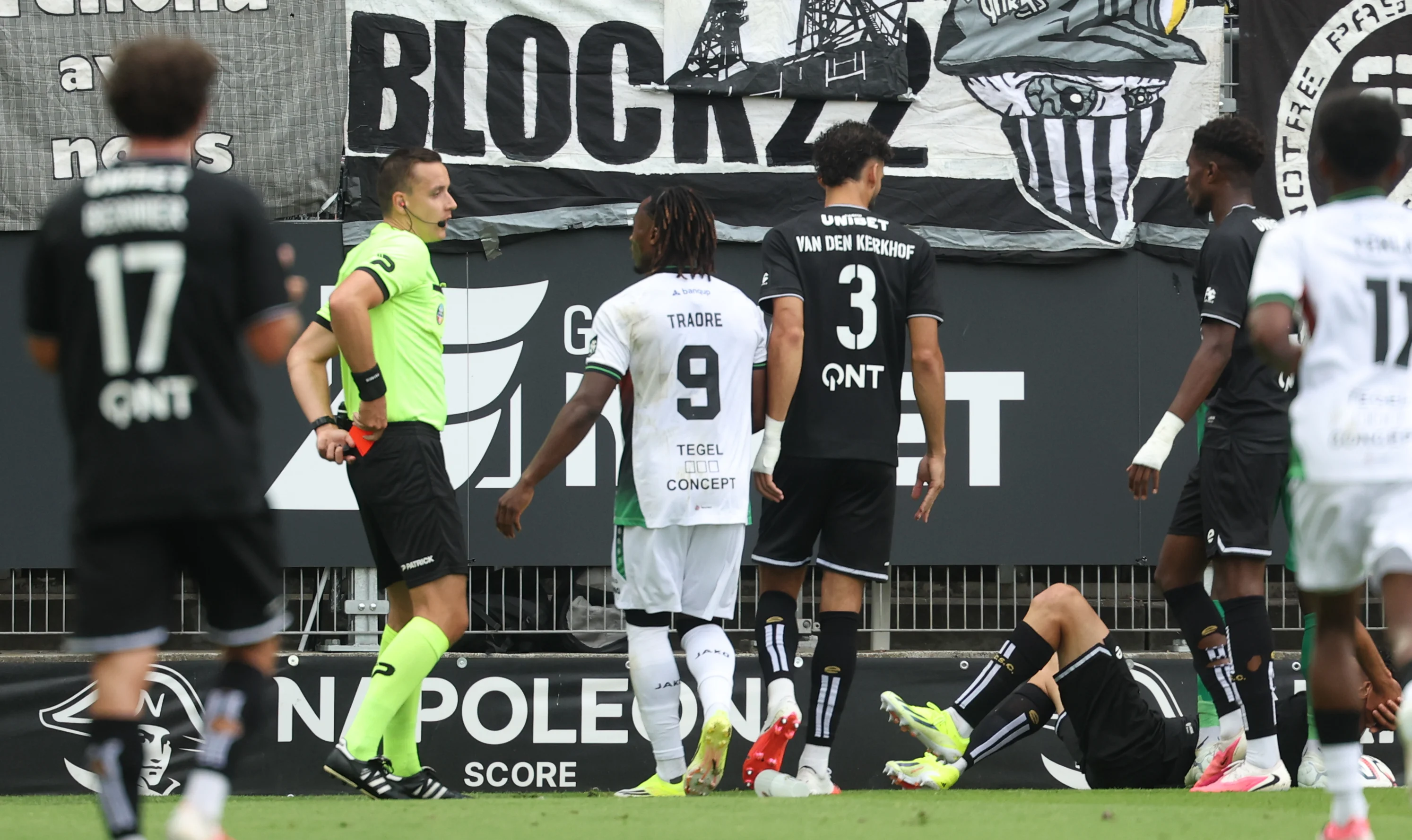 OHL's Abdoul Karim Traore receives a red card from and referee Michiel Allaerts a soccer match between Sporting Charleroi and Oud-Heverlee Leuven, Sunday 9 August 2026 in Charleroi, on day 1 of the 2026-2027 'Jupiler Pro League' first division of the Belgian championship. BELGA PHOTO VIRGINIE LEFOUR