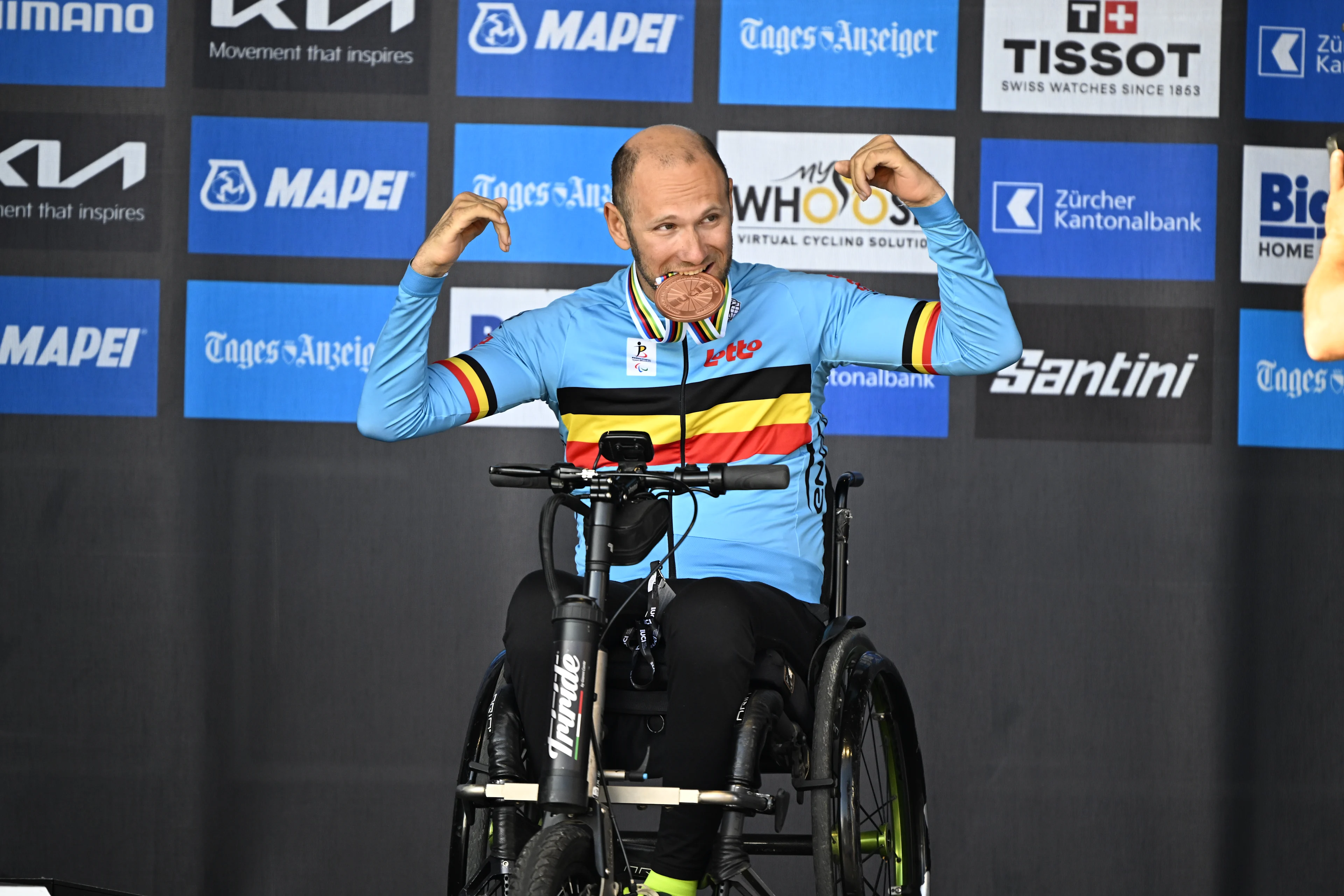 Belgian Maxime Hordies and bronze medalist and pictured on the podium after the Men individual time trial race in the H1 category at the 2024 UCI Road and Para-Cycling Road World Championships, Tuesday 24 September 2024, in Zurich, Switzerland. The Worlds are taking place from 21 to 29 September. BELGA PHOTO JASPER JACOBS