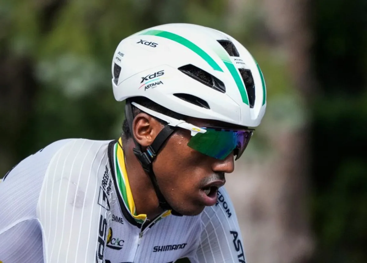 Eritrea's Biniam Girmay, of Team Intermarché-Wanty, cycles during the Grand Prix Cycliste de Montreal cycling road race in Montreal, Canada, on September 14, 2025. MATHIEU BELANGER / AFP