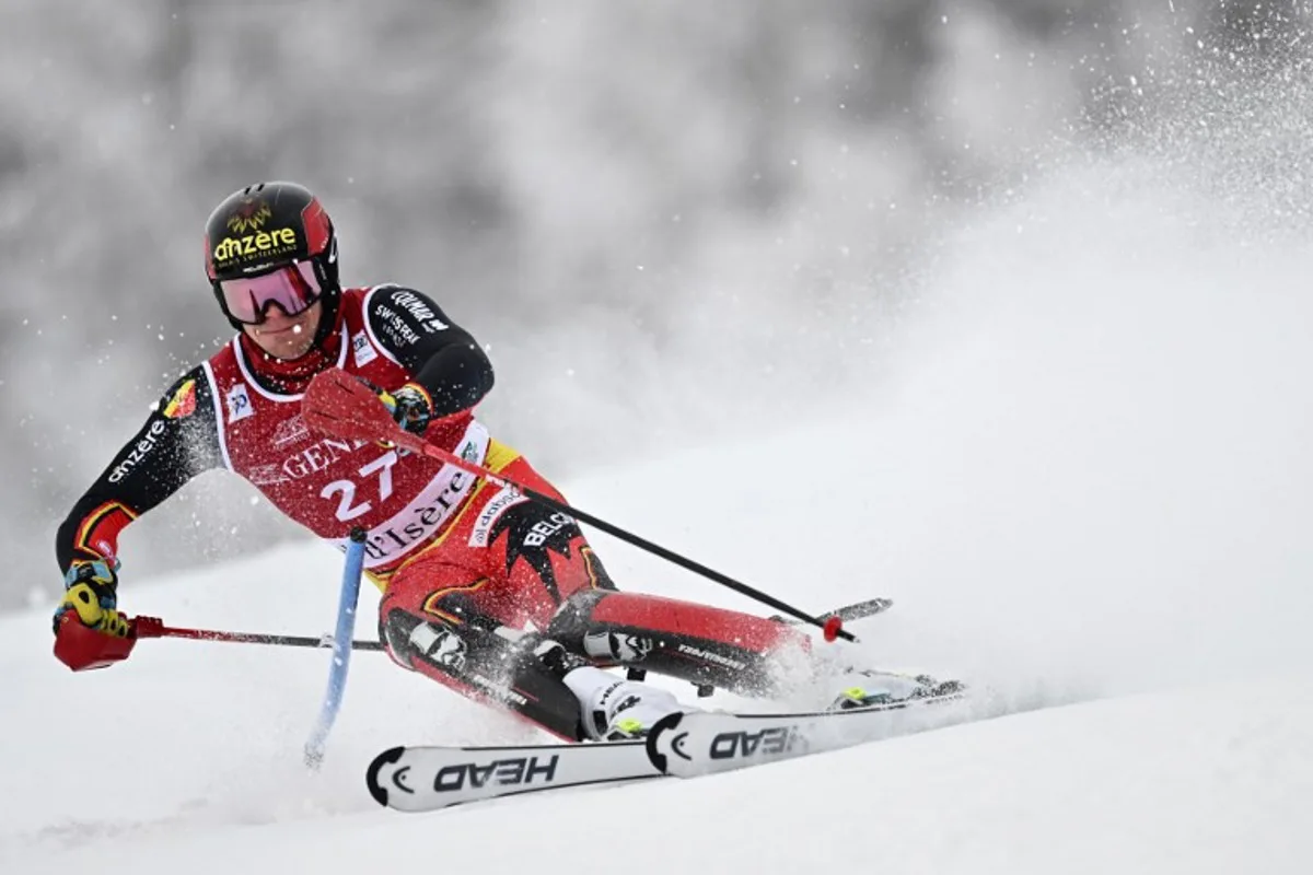 Belgium's Armand Marchant competes in the first run the men's Slalom of the FIS Alpine Skiing 2024/2025 World Cup event in Val-d'Isere, French Alps, on December 15, 2024.   Jeff PACHOUD / AFP