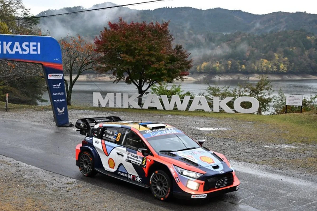 Ott Tanak and his co-driver Martin Jarveoja of Estonia drive their Hyundai i20 N Rally1 during the SS16 Lake Mikawako section of the Rally Japan, the 13th round of the FIA World Rally Championships, in Toyota city, Aichi prefecture on November 9, 2025. Toshifumi KITAMURA / AFP