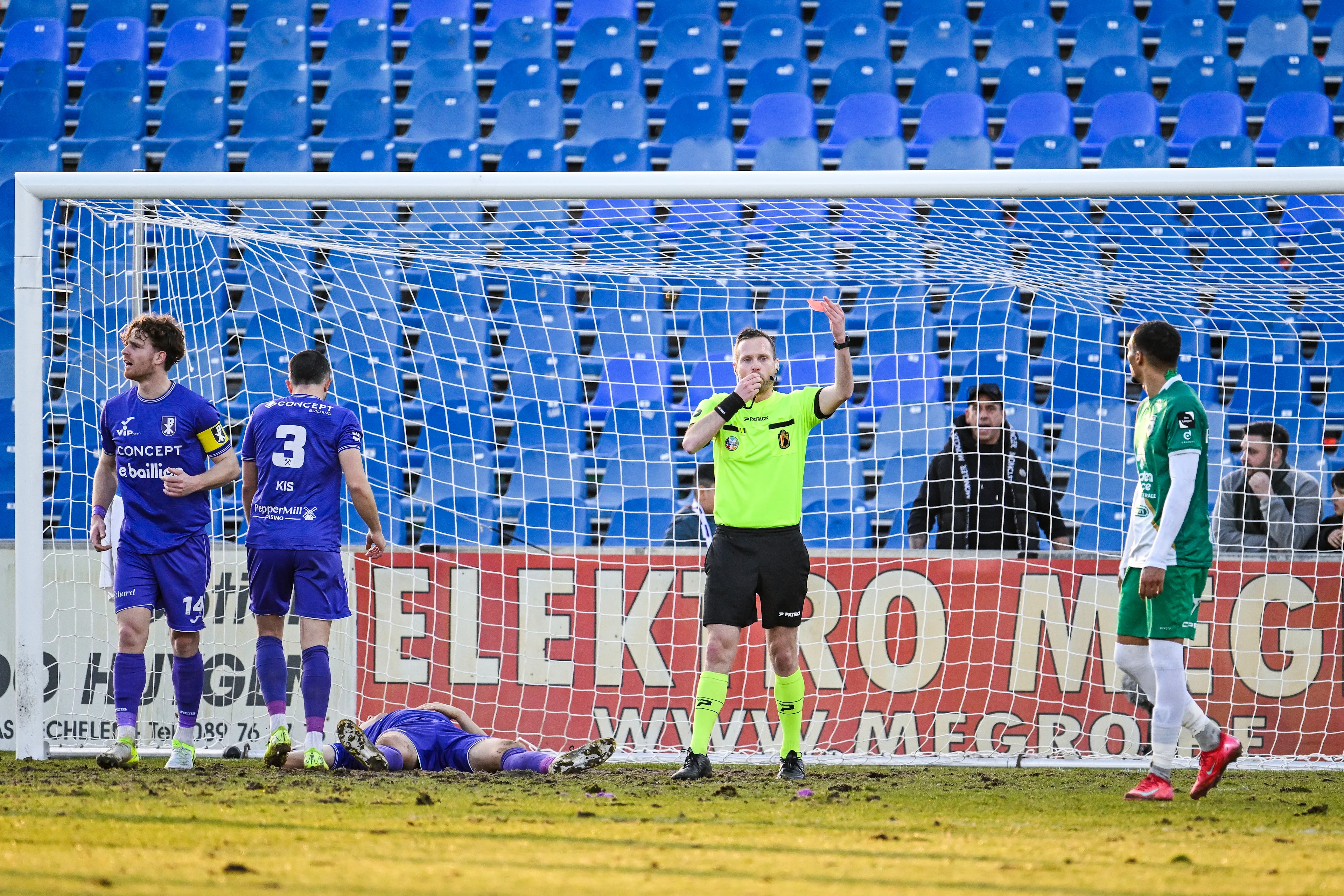 RAAL's Mouhamed Belkeir leaves the field after receiving a red card during a soccer match between Patro Eisden Maasmechelen and RAAL La Louviere, Sunday 23 February 2025 in Maasmechelen, on day 23 of the 2024-2025 'Challenger Pro League' second division of the Belgian championship. BELGA PHOTO TOM GOYVAERTS