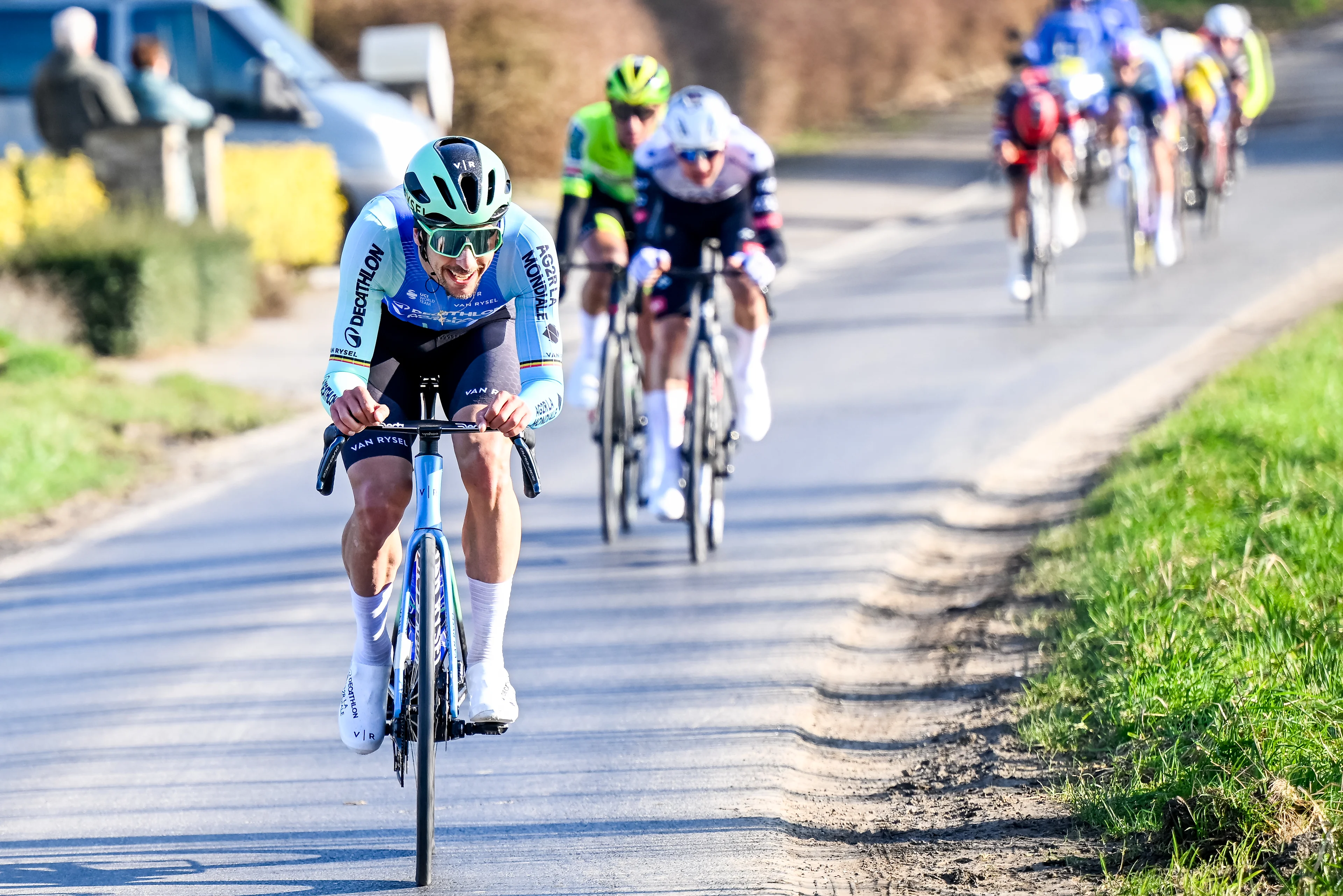 Belgian Tim Wellens of UAE Team Emirates and Belgian Dries De Bondt of Decathlon AG2R La Mondiale Team pictured in action during the Kuurne-Brussels-Kuurne one day cycling race, 196,9 km from Kuurne to Kuurne via Brussels, Sunday 02 March 2025. BELGA PHOTO DIRK WAEM