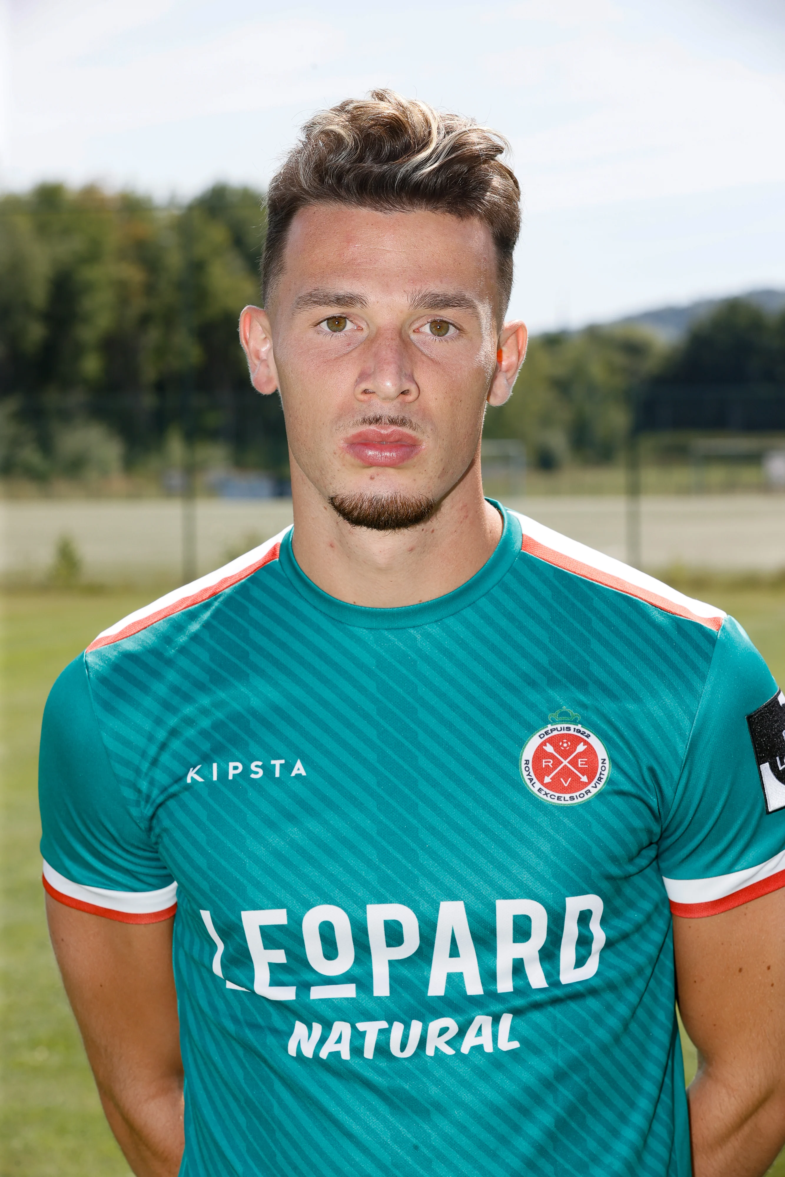 Virton's Matias Lloci poses for the photographer during the 2022-2023 photoshoot of Belgian Challenger League club RE Virton, Monday 08 August 2022 in Virton. BELGA PHOTO BRUNO FAHY