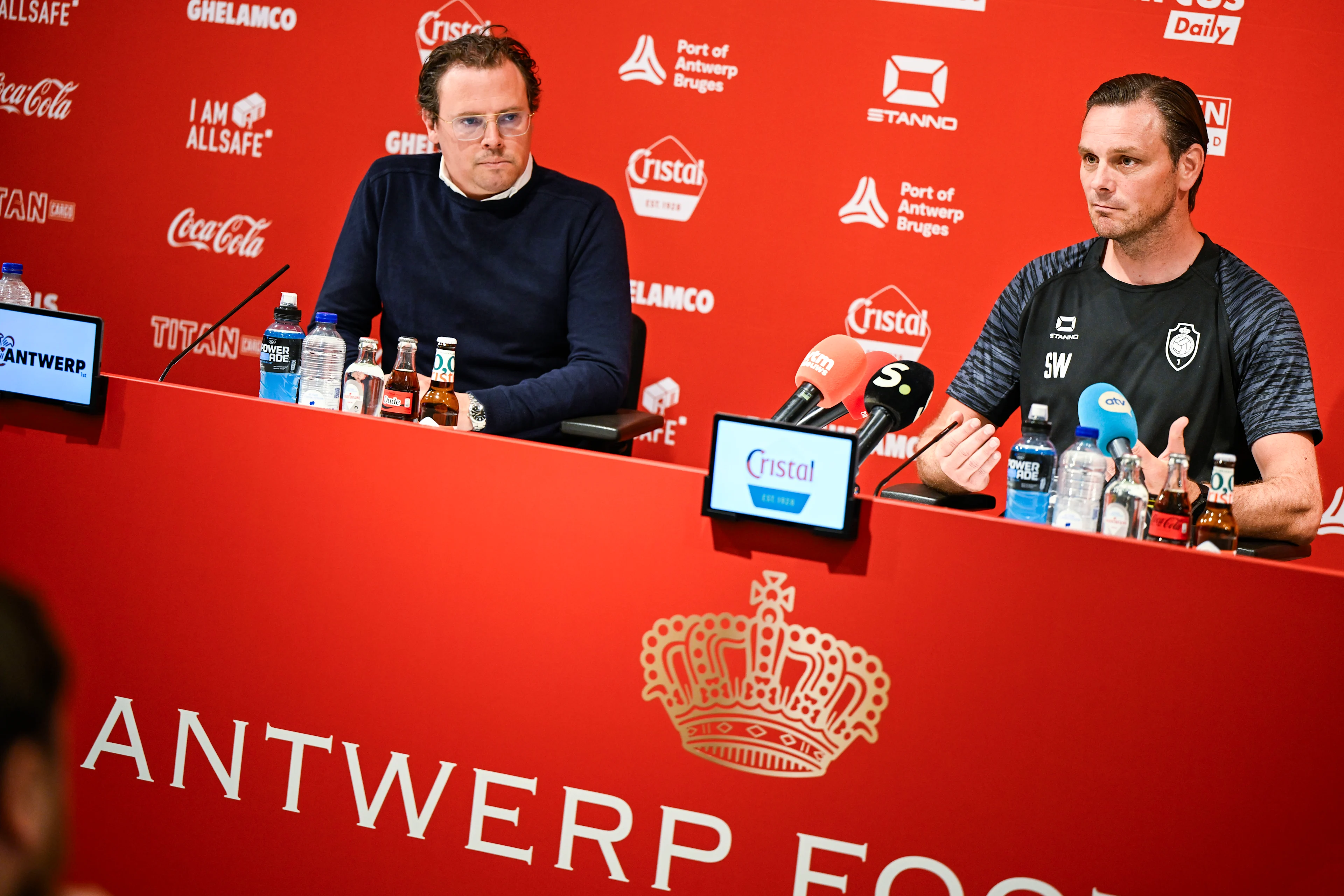 Antwerp's general manager Sven Jaecques and Antwerp's head coach Stef Wils pictured during a press conference of Belgian soccer team Royal Antwerp FC, Wednesday 25 June 2025 in Antwerp, in preparation of the upcoming 2025-2026 Belgian first division soccer season. BELGA PHOTO TOM GOYVAERTS