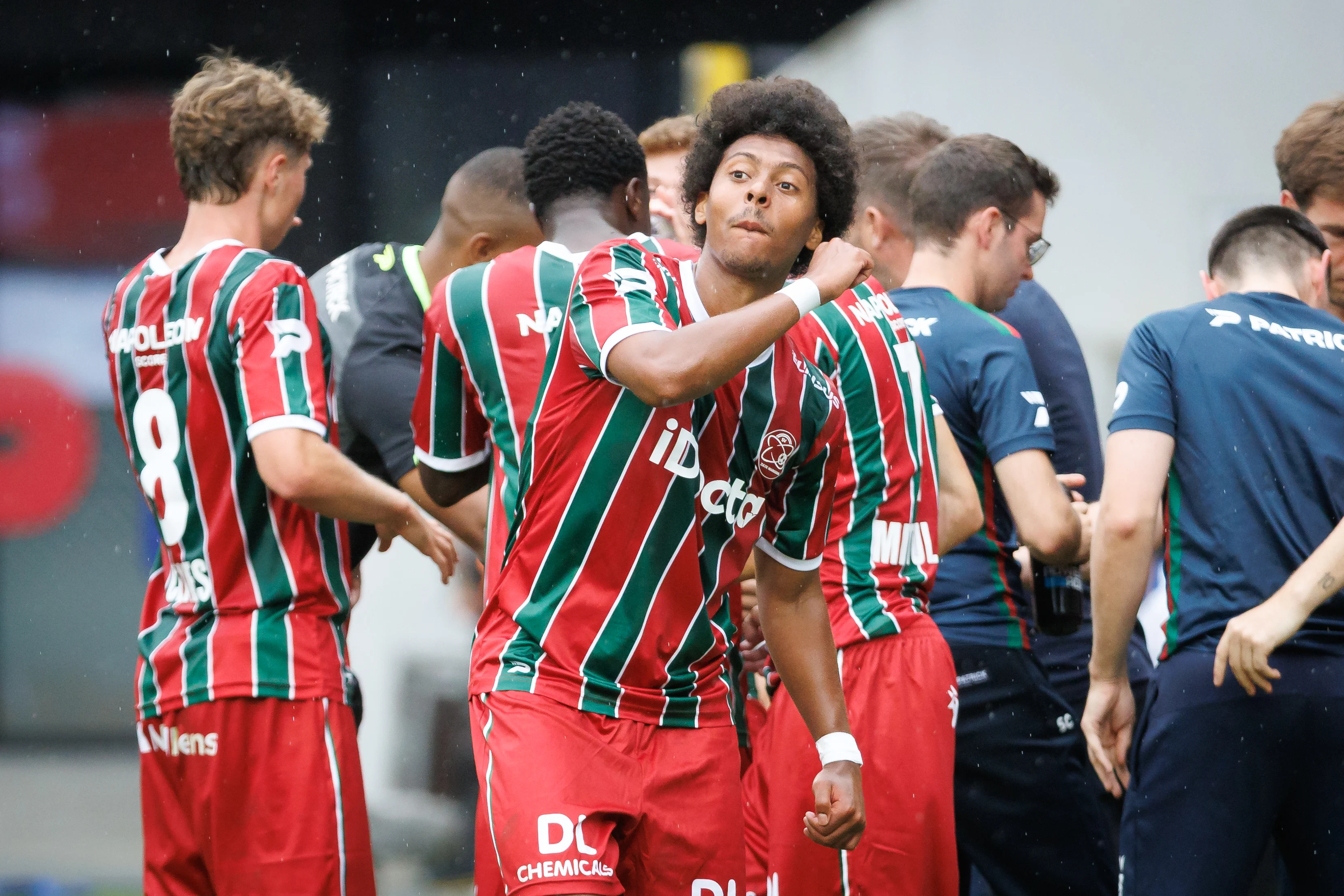 Essevee's Marley Ake celebrates after scoring during a soccer match between Zulte Waregem and KRC Genk, Sunday 9 August 2026 in Waregem, on day 1 of the 2026-2027 'Jupiler Pro League' first division of the Belgian championship. BELGA PHOTO KURT DESPLENTER