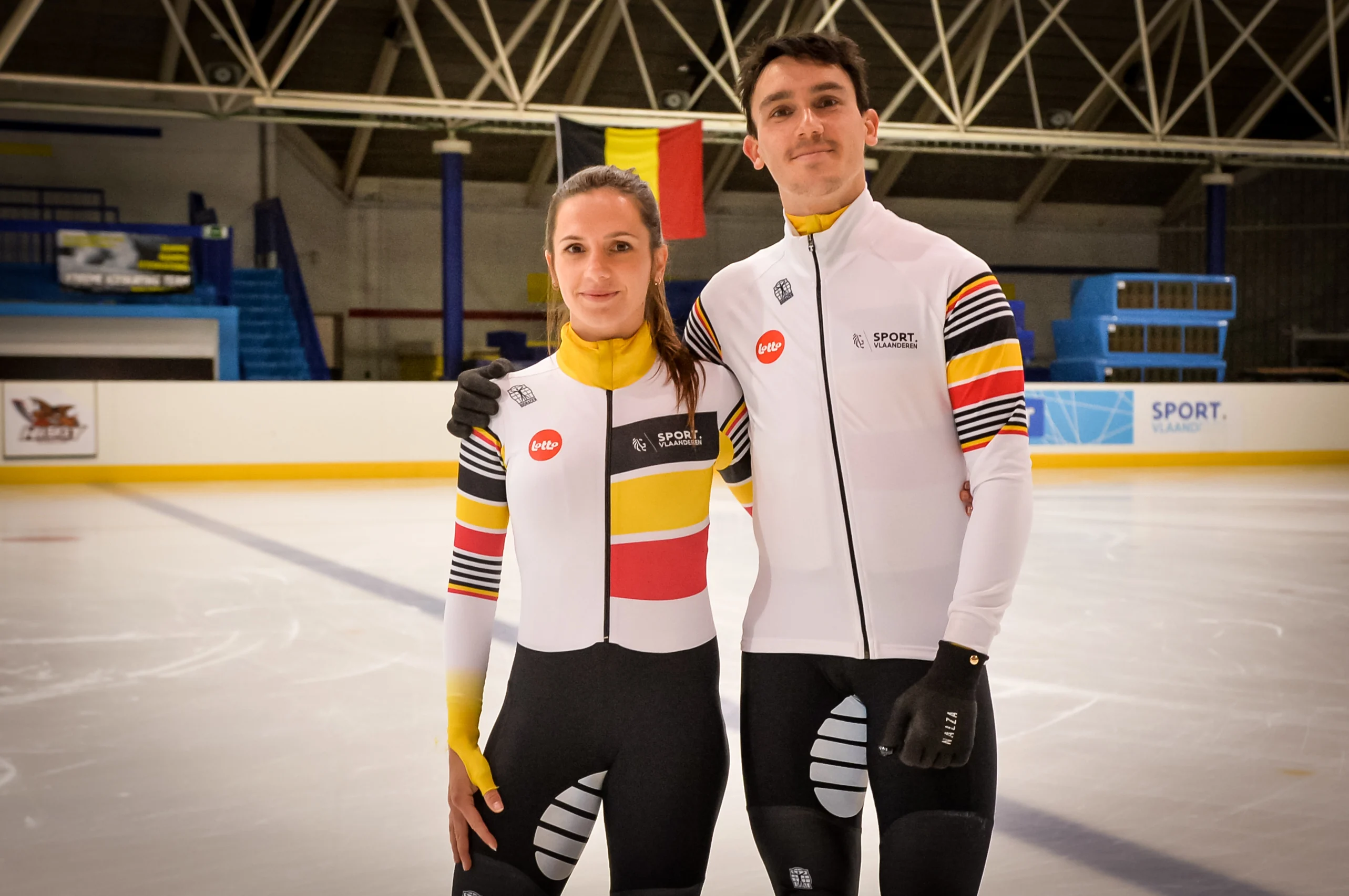 Belgian shorttrack skater Hanne Desmet and Belgian shorttrack skater Stijn Desmet poses for the photographer during a training session of Belgian shorttrack skaters in Hasselt, Thursday 18 May 2023. BELGA PHOTO JILL DELSAUX