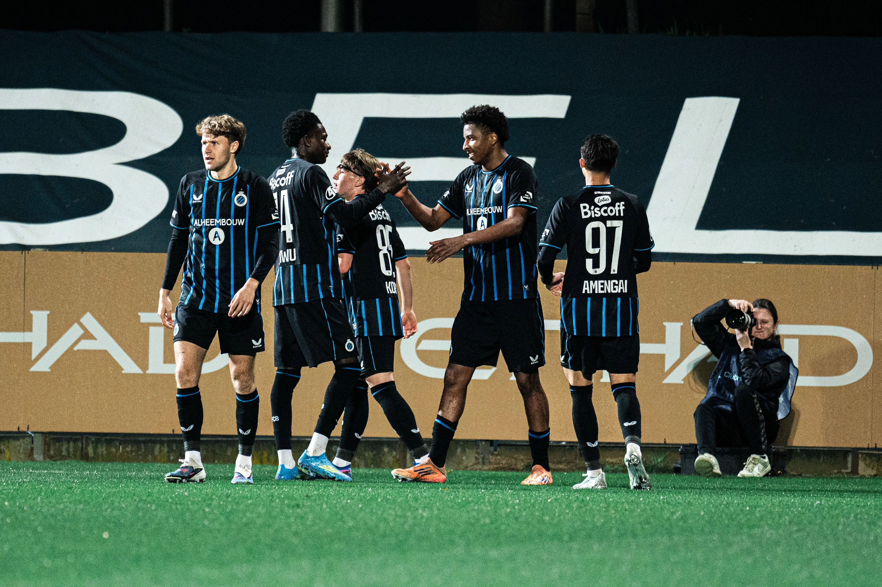 Club's players celebrate after scoring during a soccer game between Lommel SK and Club NXT, Saturday 11 April 2026 in Lommel, on day 33 (out of 34) of the 2025-2026 'Challenger Pro League' 1B second division of the Belgian championship. BELGA PHOTO EMILE WINDAL