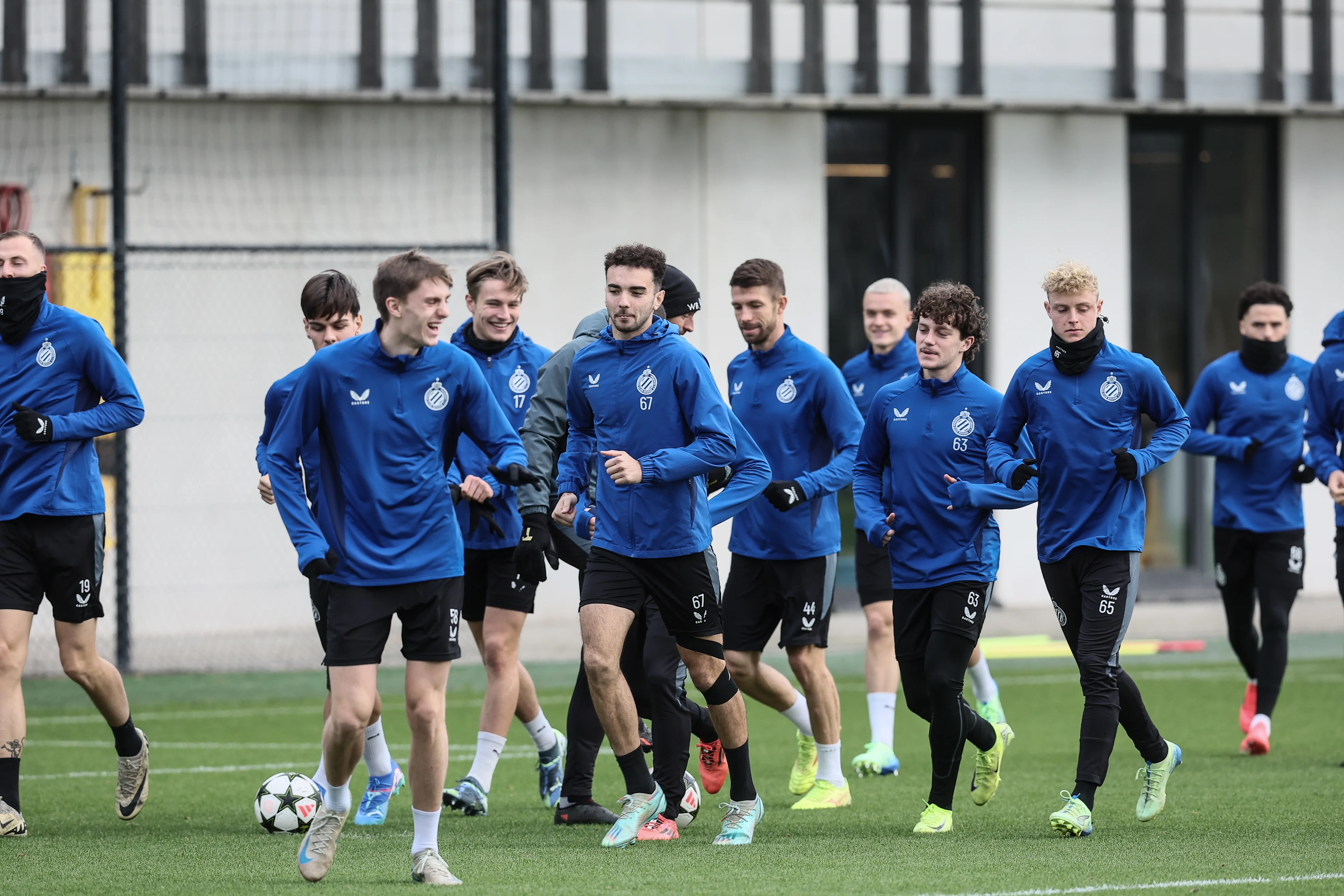 Club's players pictured during a training session of Belgian Club Brugge KV, Monday 09 December 2024 in Brugge. Tomorrow, they will play against Portuguese club Sporting CP, on the sixth day of the UEFA Champions League league phase. BELGA PHOTO BRUNO FAHY