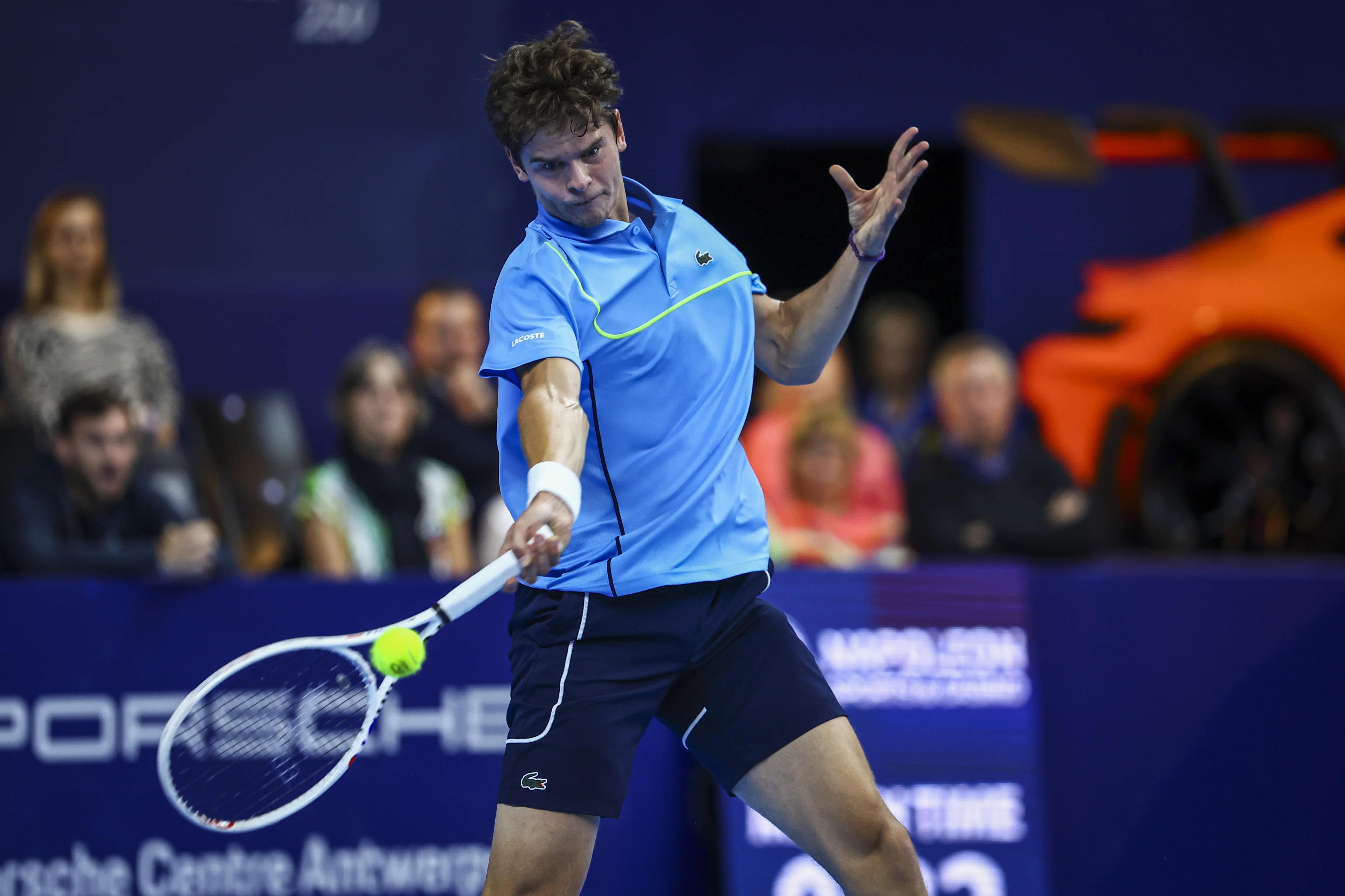 Belgian Alexander Blockx pictured in action during a tennis match in the round of 32 of the singles competition at the ATP European Open Tennis tournament in Antwerp, Tuesday 15 October 2024. BELGA PHOTO DAVID PINTENS