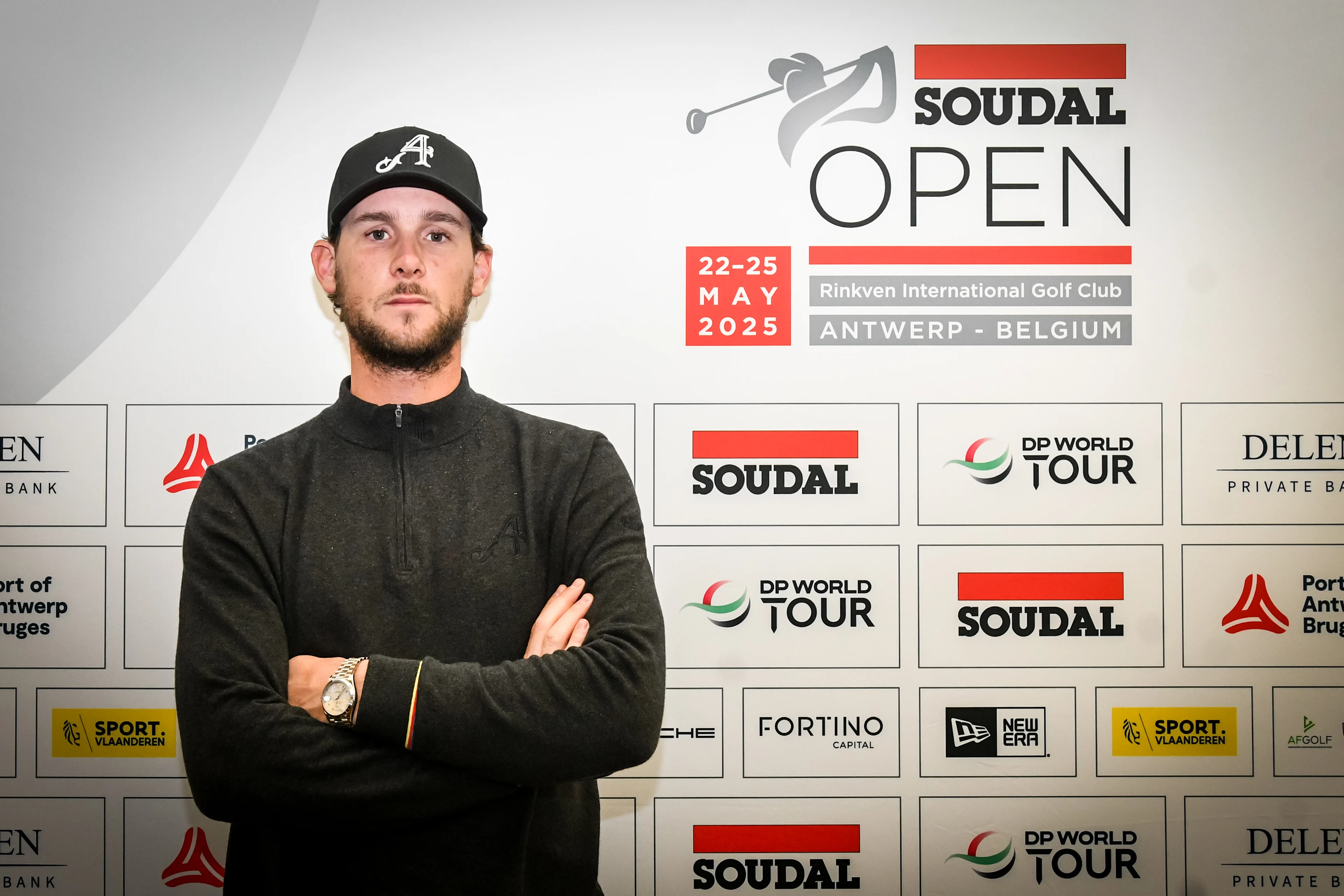 Belgian Thomas Pieters poses for the photographer during a press conference regarding the 2025 Soudal Open DP World Tour golf tournament, in Turhout, Wednesday 26 February 2025. From May 22 to 25, Rinkven Golf Club in Schilde will host the fourth edition of the Soudal Open, the Belgian leg of the DP World Tour. BELGA PHOTO JILL DELSAUX