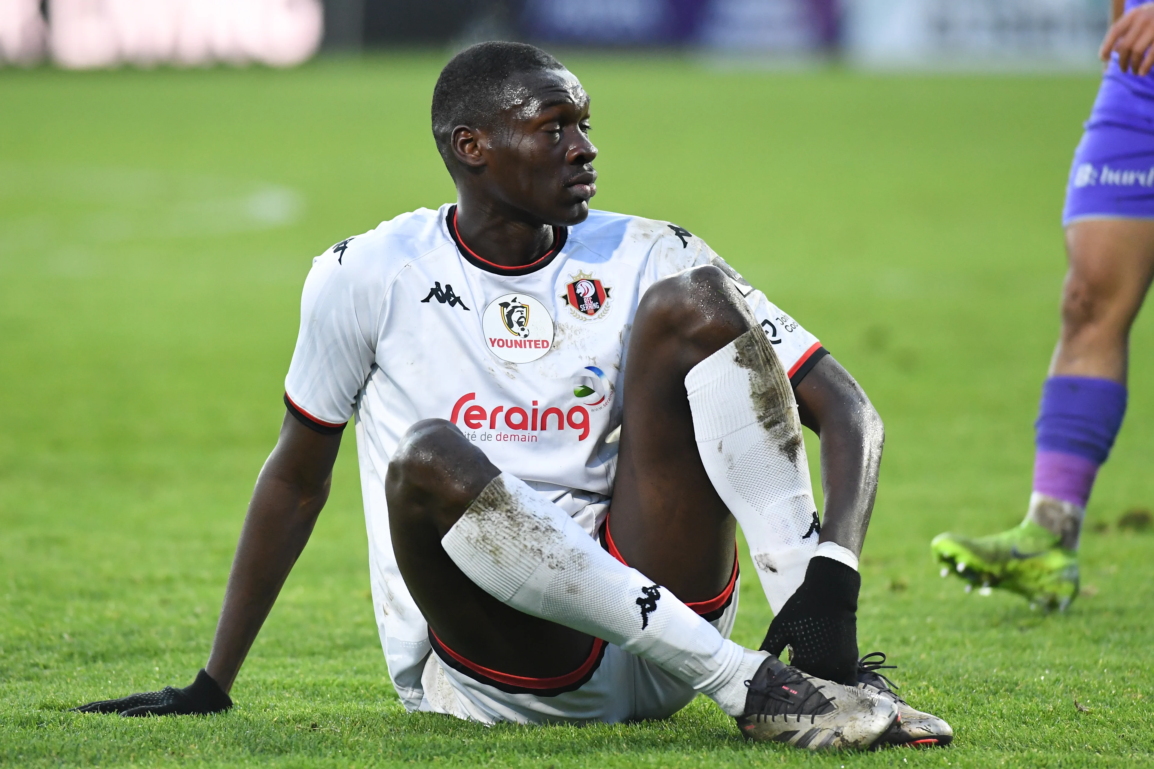 Seraing's Pape Moussa Fall pictured during a soccer game between Patro Eisden and RFC Seraing, in Maasmechelen, on the day 16 of the 2024-2025 'Challenger Pro League' 1B second division of the Belgian championship, Sunday 22 December 2024. BELGA PHOTO JILL DELSAUX