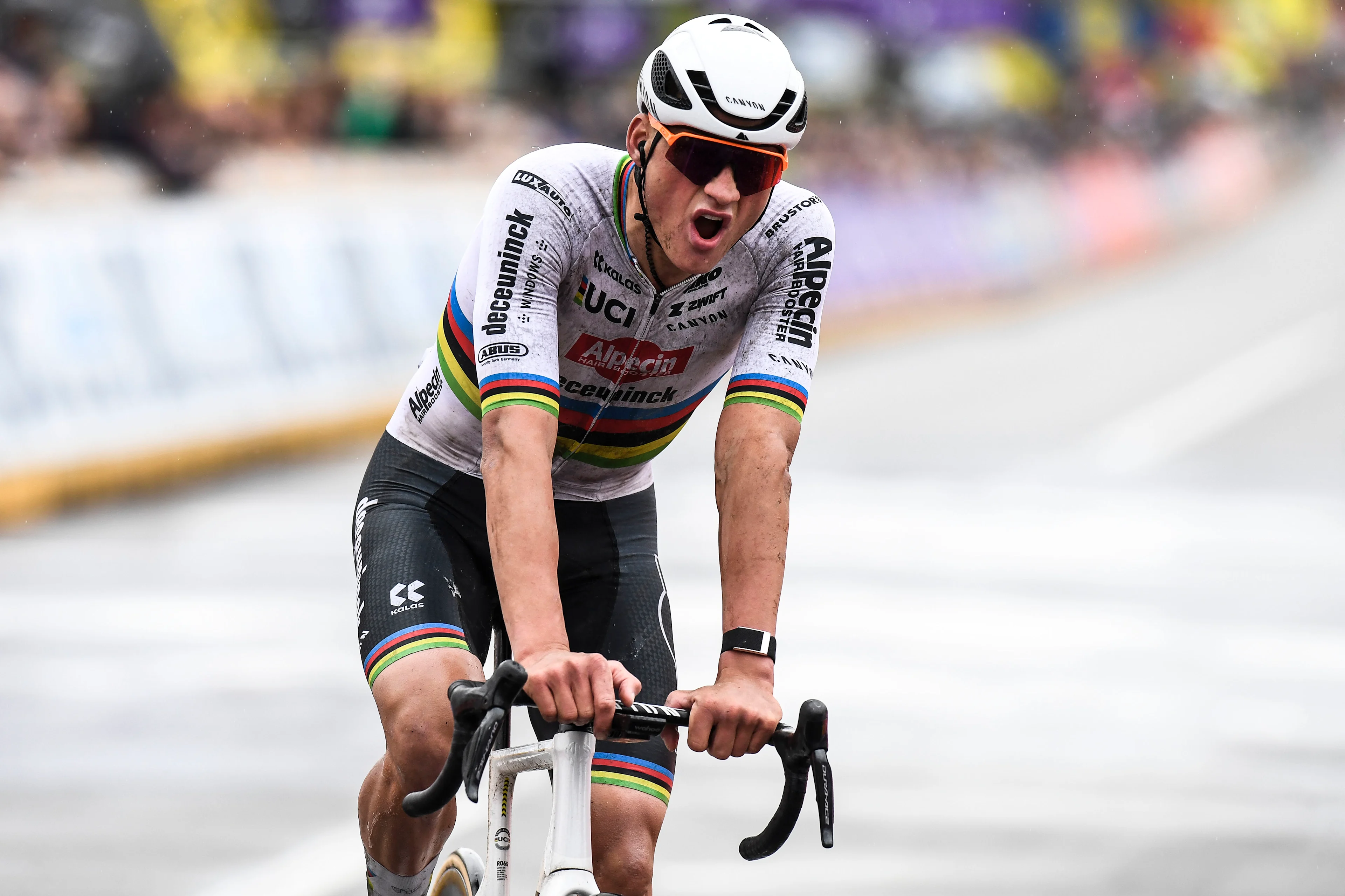 Dutch Mathieu van der Poel of Alpecin-Deceuninck is exhausted after winning the men's race of the 'Ronde van Vlaanderen/ Tour des Flandres/ Tour of Flanders' one day cycling event, 270,8km from Antwerp to Oudenaarde, Sunday 31 March 2024. BELGA PHOTO MARC GOYVAERTS