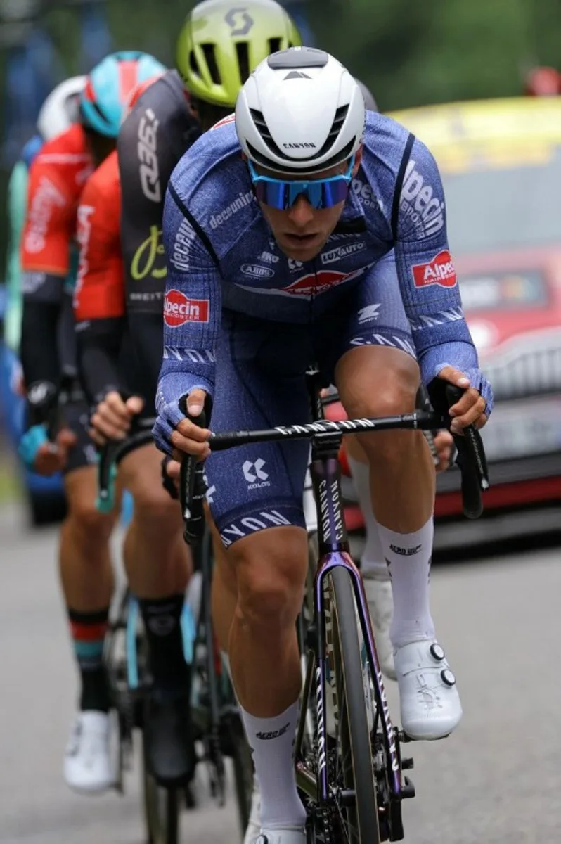 Team Alpecin's Belgian rider Xandro Meurisse competes in the second stage of the 76th edition of the Criterium du Dauphine cycling race, 142km between Gannat and Col de la Loge, near La Chamba, central France, on June 3, 2024.  Thomas SAMSON / AFP