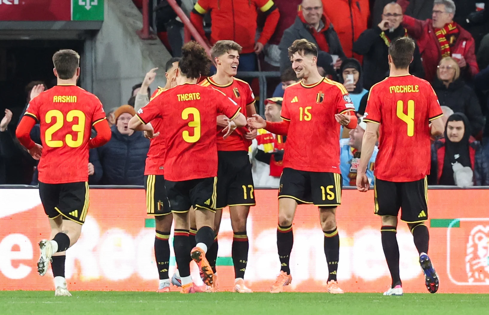 Belgium's Charles De Ketelaere celebrates after scoring during a soccer game between Belgium's Red Devils and Liechtenstein, the last FIFA World Cup 2026 qualification match, in Liege on Tuesday 18 November 2025. BELGA PHOTO VIRGINIE LEFOUR