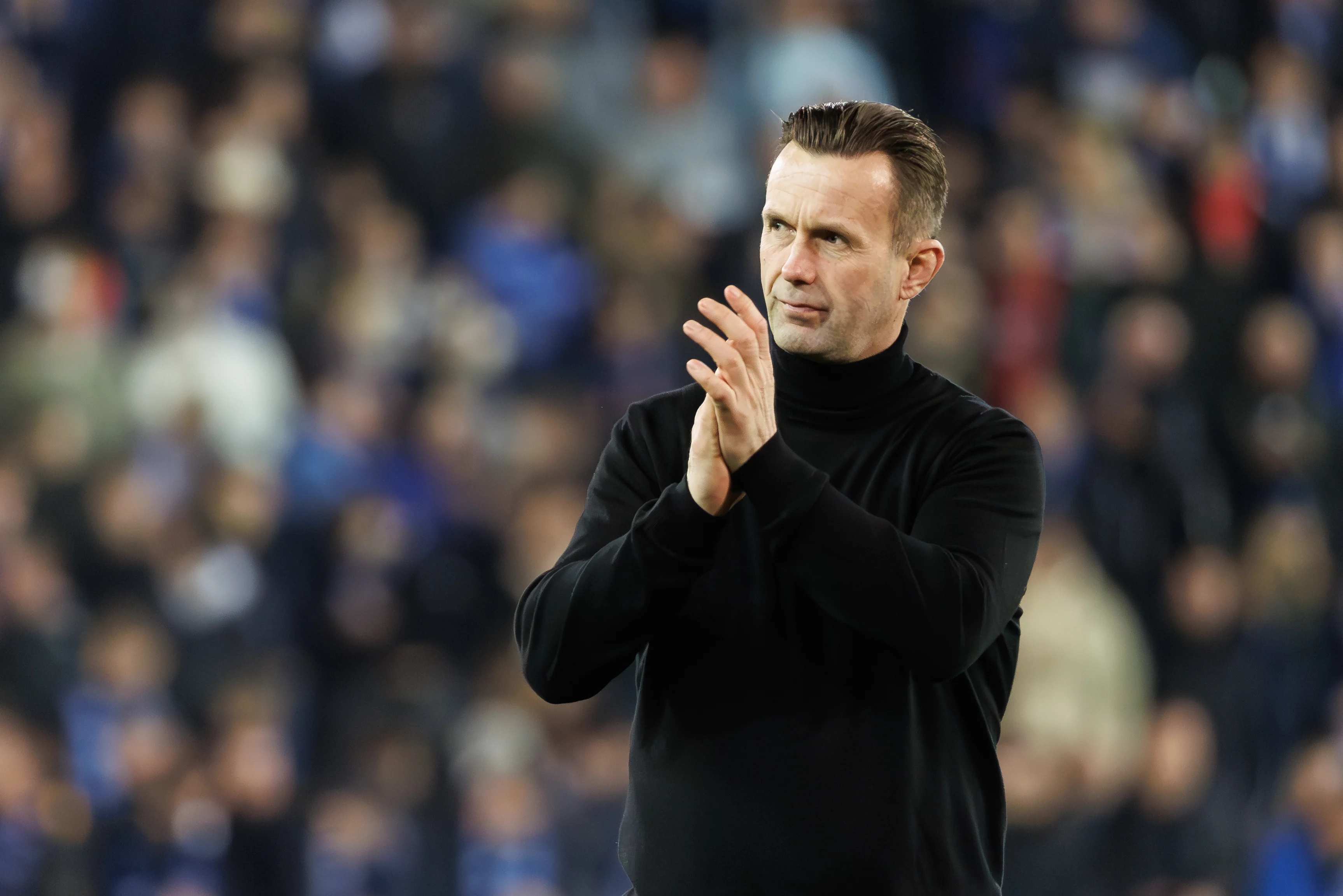 Club's head coach Ronny Deila celebrates after winning a soccer game between Belgian team Club Brugge and Norwegian team Molde FK, on Thursday 14 March 2024 in Brugge, the return leg of the 1/8 finals of the UEFA Conference League competition. BELGA PHOTO KURT DESPLENTER