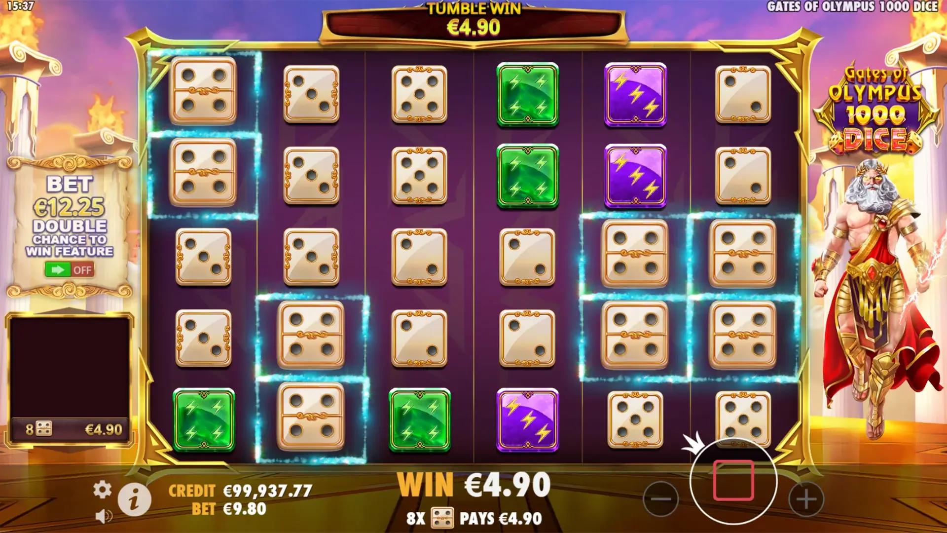 Screenshot of Gates of Olympus 1000 Dice featuring reels with mythological and dice-themed symbols.