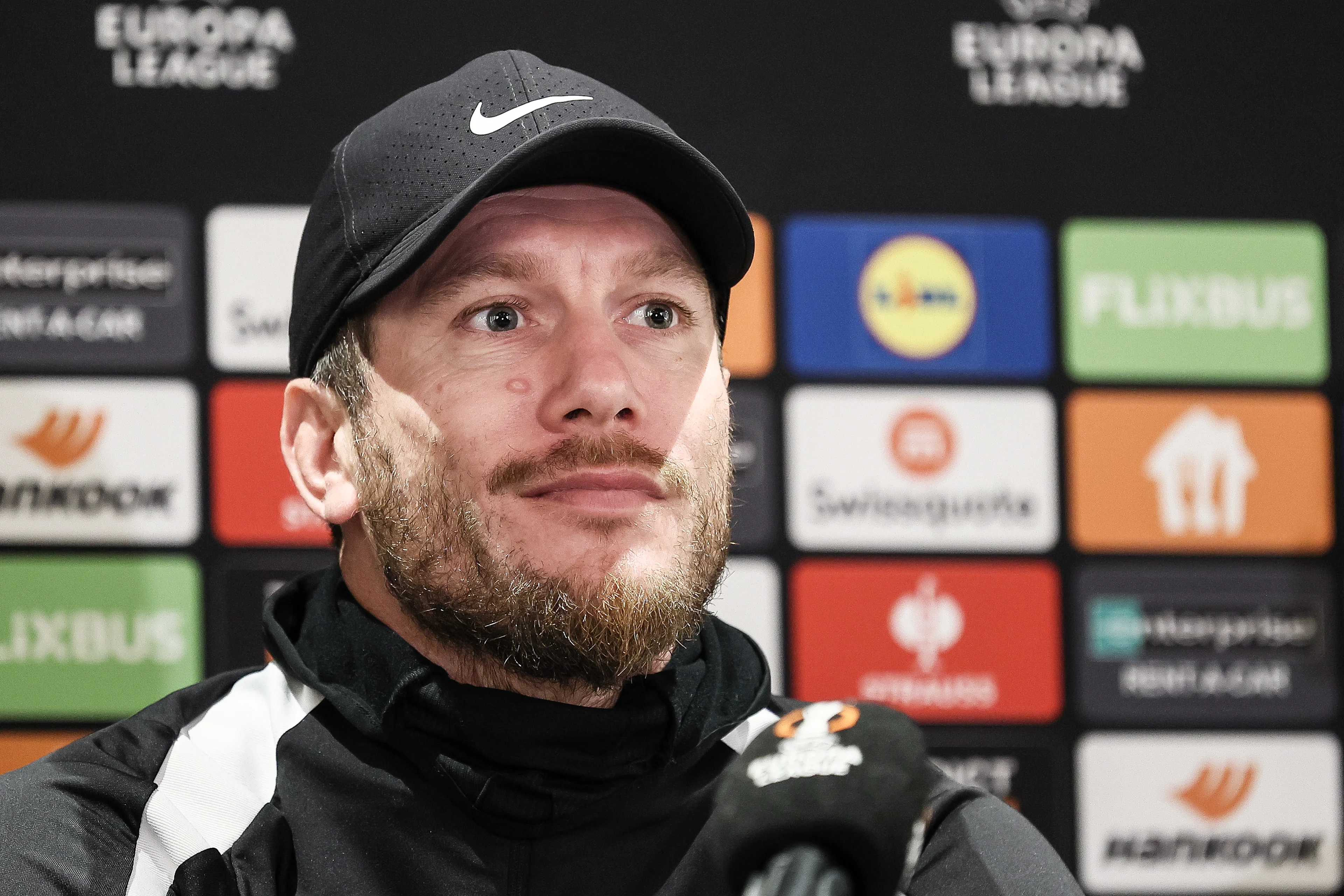 Union's head coach Sebastien Pocognoli pictured during a press conference of Belgian soccer team Royale Union Saint-Gilloise, on Wednesday 22 January 2025 in Tubize. Tomorrow Union will meet Portuguese SC Braga on day 7/8 of the League phase of the UEFA Europa League tournament. BELGA PHOTO BRUNO FAHY