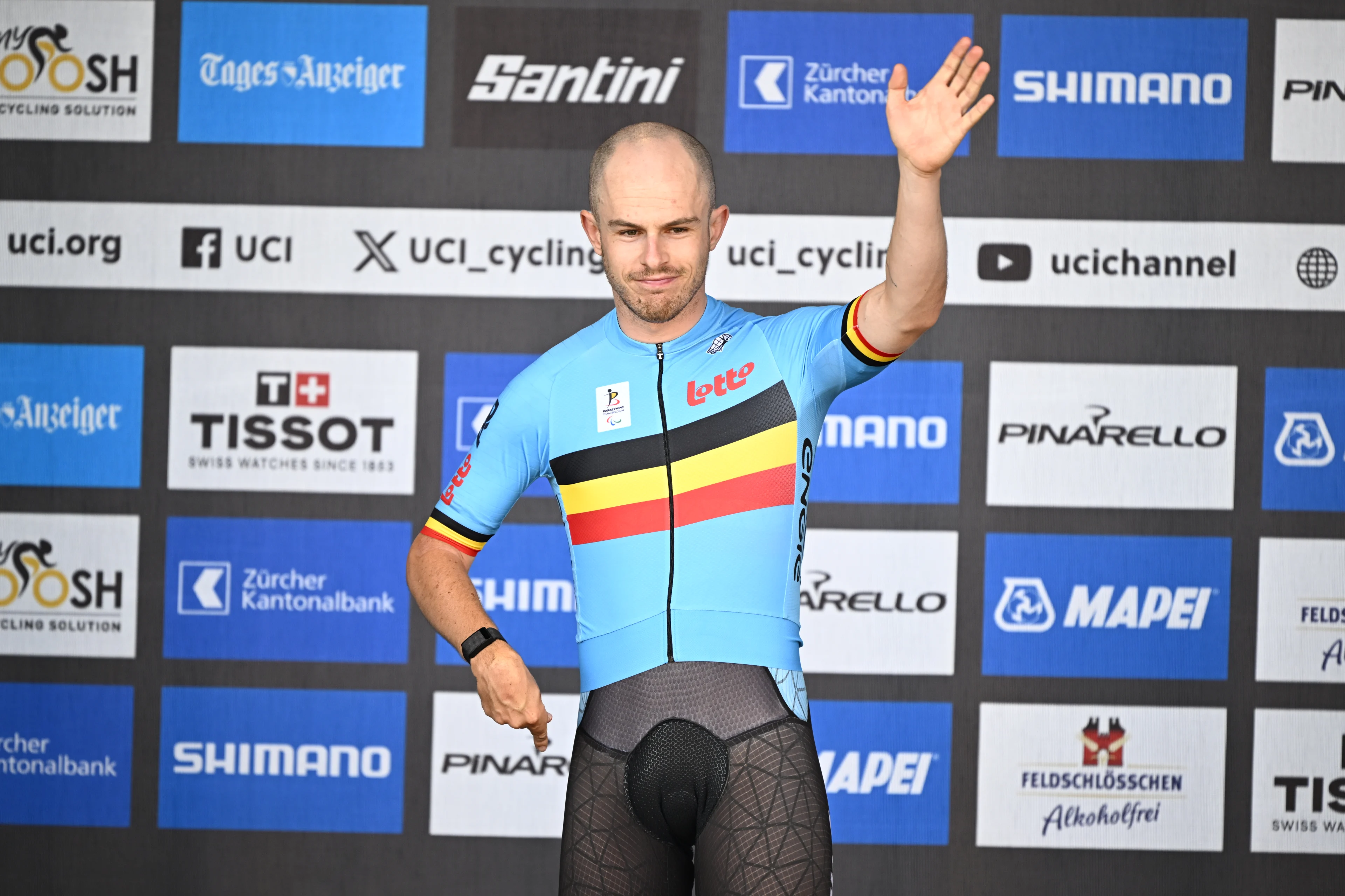 Belgian Tim Celen and and silver medalist pictured on the podium after the Men individual time trial race in the T2 category at the 2024 UCI Road and Para-Cycling Road World Championships, Tuesday 24 September 2024, in Zurich, Switzerland. The Worlds are taking place from 21 to 29 September. BELGA PHOTO JASPER JACOBS