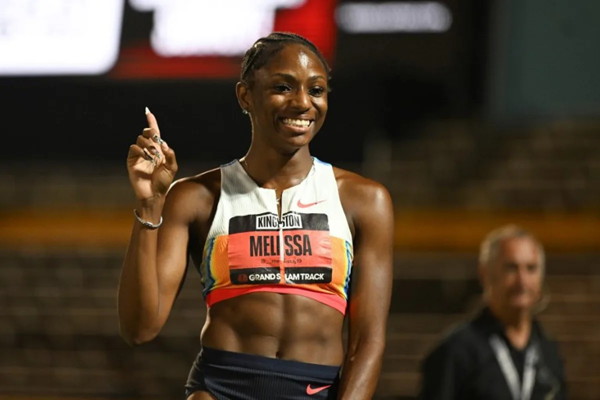 USA's Melissa Jefferson reacts after winning the women's 100m event during the Grand Slam Track competition at the National Stadium in Kingston, Jamaica, on April 5, 2025. Ricardo Makyn / AFP