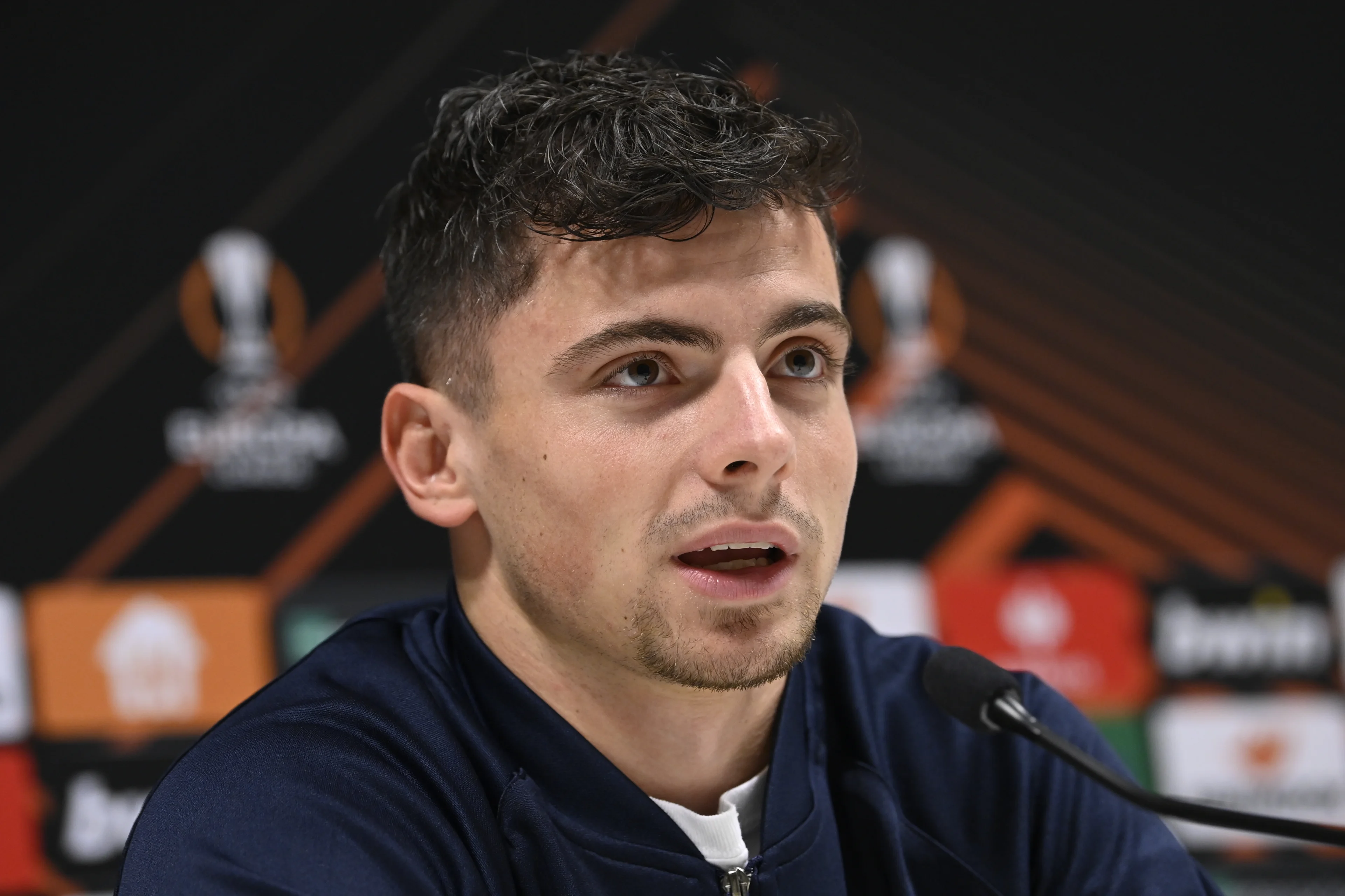 Union's Dante Vanzeir talks during a press conference of Belgian soccer team Royale Union Saint-Gilloise, Wednesday 02 November 2022 in Heverlee, in preparation of tomorrow's game against German soccer team Union Berlin on day 6/6 of the Uefa Europa League group stage. BELGA PHOTO JOHN THYS