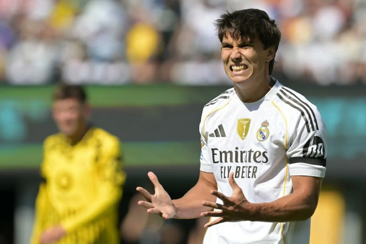 Real Madrid's Spanish forward #30 Gonzalo Garcia reacts during the FIFA Club World Cup 2025 quarterfinal football match between Spain's Real Madrid and Germany's Borussia Dortmund at the MetLife stadium in East Rutherford, New Jersey on July 5, 2025. JUAN MABROMATA / AFP