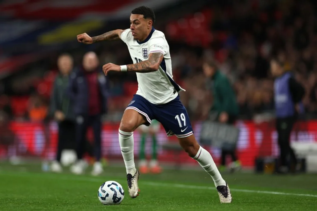 England striker #19 Morgan Rogers runs with the ball during the UEFA Nations League, League B - Group 2, football match between England and the Republic of Ireland at Wembley Stadium in London on November 17, 2024.   Adrian Dennis / AFP