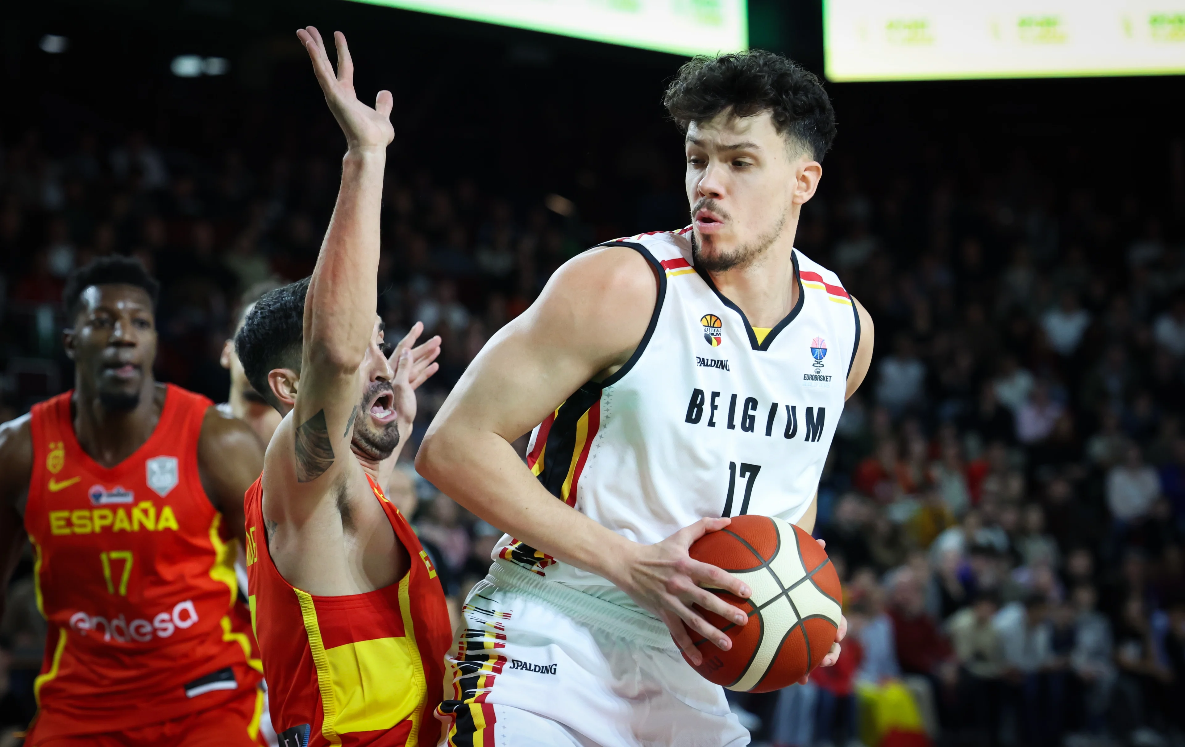 Belgium's Hans Vanwijn fights for the ball during a basketball match between Belgium's national team Belgian Lions and Spain, Sunday 25 February 2024 in Charleroi, game 2/6 in the group stage for the Euro 2025 qualifications. BELGA PHOTO VIRGINIE LEFOUR