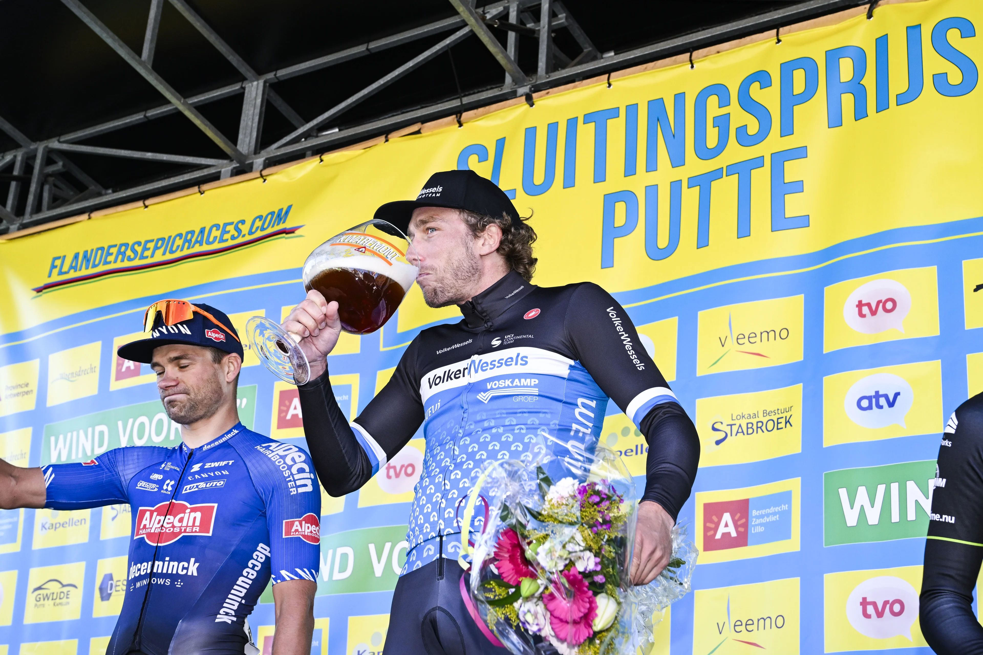 Dutch Coen Vermeltfoort celebrates on the podium after winning the 2023 edition of the 'Nationale Sluitingsprijs Putte-Kapellen' one day cycling race in Putte-Kapellen, Kapellen on Tuesday 17 October 2023. BELGA PHOTO TOM GOYVAERTS