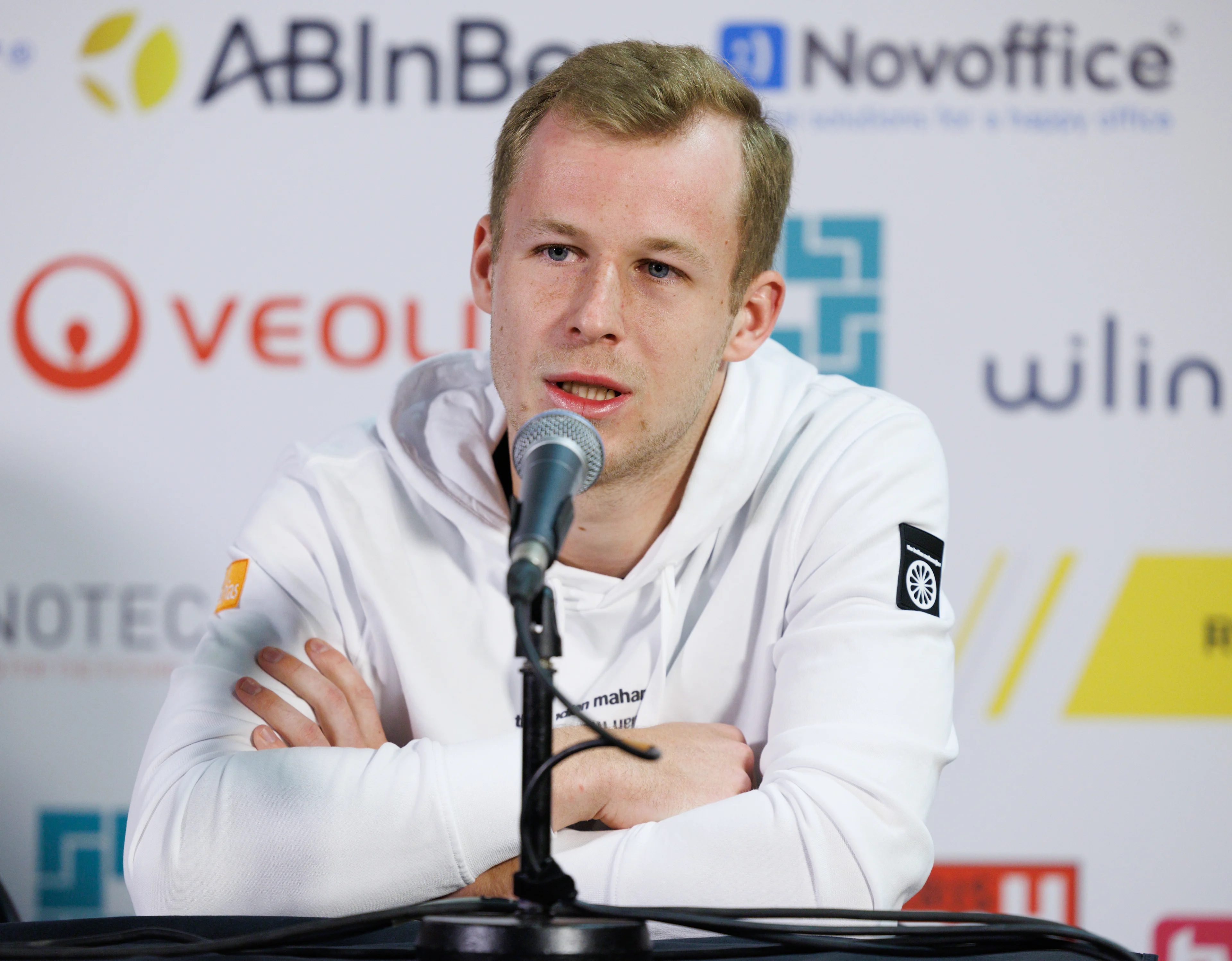 Belgian Gauthier Onclin pictured during a press conference of Onclin for his first selection with the Davis Cup team, at the BW Open ATP Challenger 125 tournament, in Louvain-la-Neuve, Tuesday 23 January 2024. THE BW Open takes place from 22 to 28 January. BELGA PHOTO BENOIT DOPPAGNE