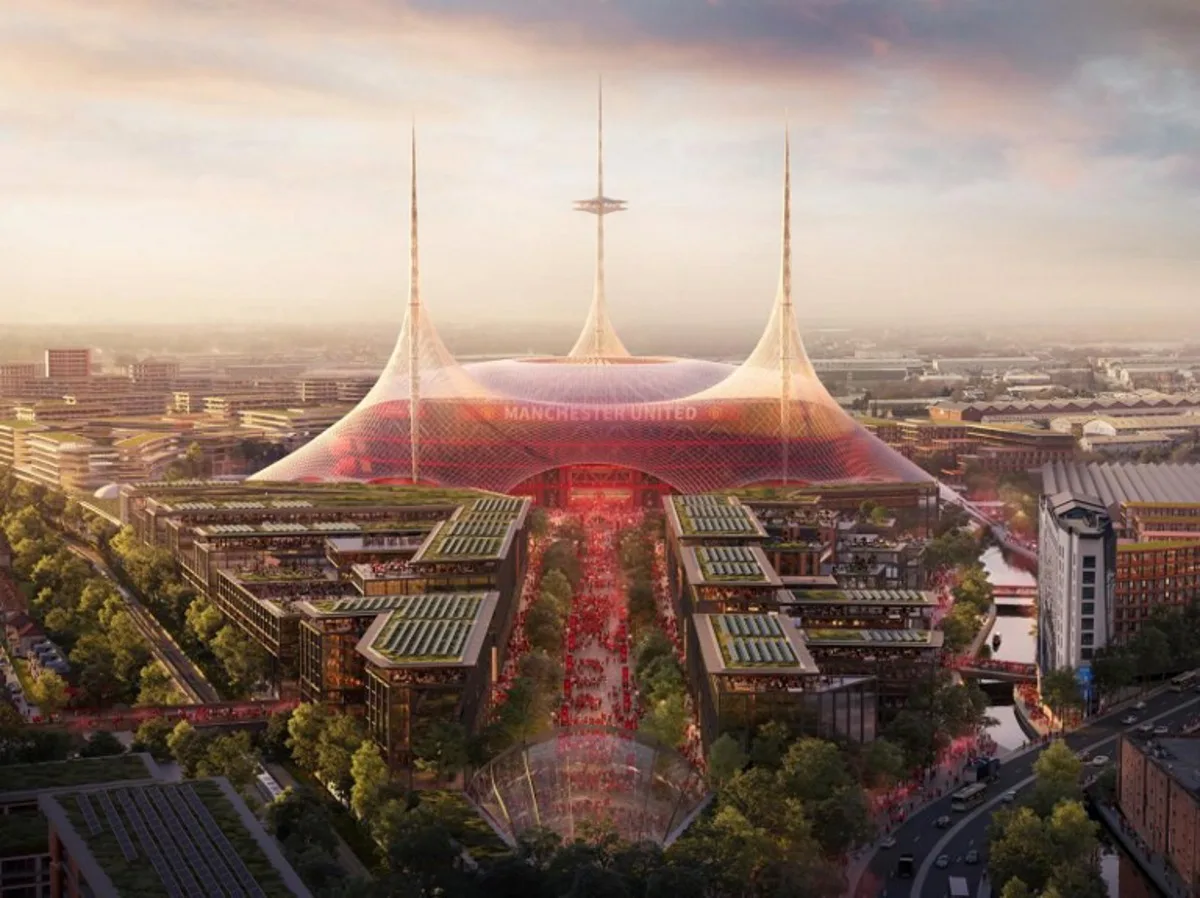 A handout image received from Manchester United on March 11, 2025, shows Foster + Partners' illustration of a proposed new 100,000-seat stadium, unveiled as part of the regeneration of the Old Trafford area. Manchester United on Tuesday announced plans to build a new 100,000-capacity stadium close to their historic Old Trafford home, with co-owner Jim Ratcliffe promising it would be the "world's greatest" football ground. The momentous decision by the Premier League club comes after an extensive consultation process on whether to develop their creaking current ground or move. Manchester United / AFP
