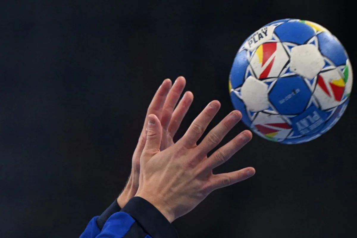 The official ball is seen prior to the start of the men's EURO 2024 EHF Handball European Championship match Group E Sweden v The Netherlands in Mannheim, western Germany on January 15, 2024.  Kirill KUDRYAVTSEV / AFP