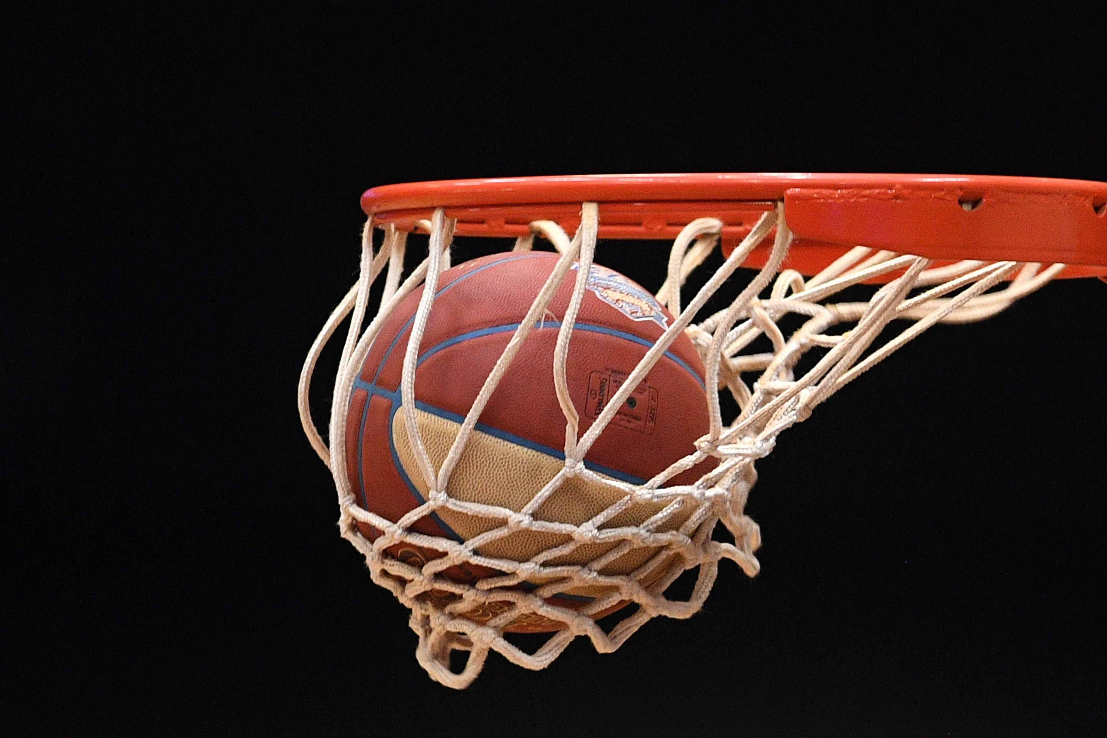 Illustration picture shows a basketball in the net during a basketball match between Kangoeroes Mechelen and BC Oostende, Friday 19 April 2019 in Mechelen, on day 27 of the 'EuroMillions League' Belgian first division. BELGA PHOTO DAVID STOCKMAN