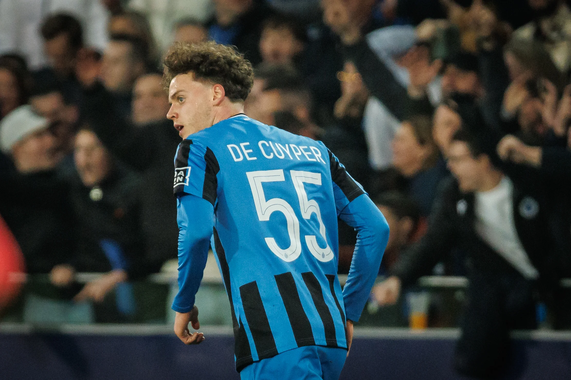 Club's Maxim De Cuyper celebrates after scoring during a soccer game between Belgian Club Brugge KV and English Aston Villa FC, Tuesday 04 March 2025 in Brugge, the first leg of the 1/8 finals of the UEFA Champions League knockout phase. BELGA PHOTO KURT DESPLENTER