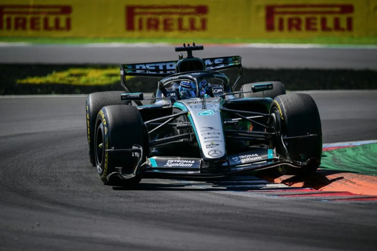 Mercedes' British driver George Russell drives during the first practice session of the Italian Formula One Grand Prix at the Autodromo Nazionale Monza circuit in Monza, northern Italy on September 4, 2026.  Andrej ISAKOVIC / AFP
