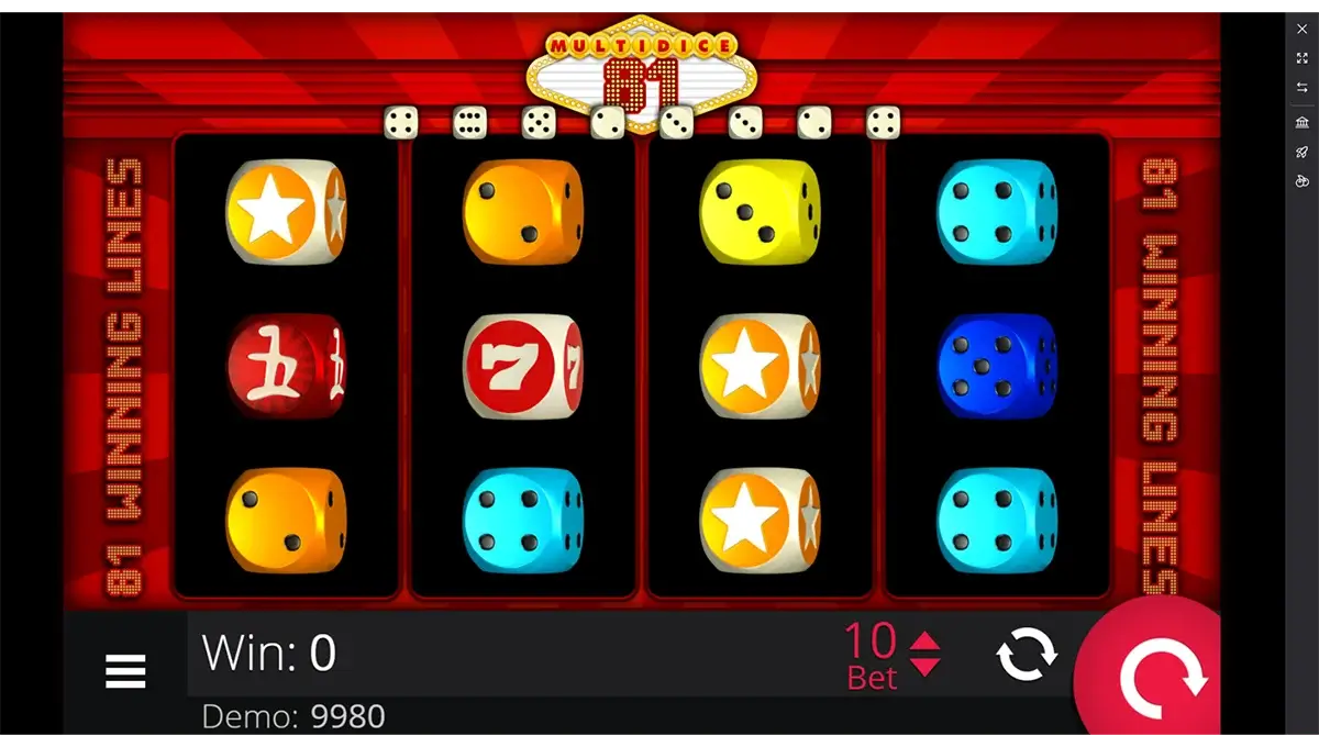 Multi Dice 81 gameplay — 4x3 grid with spinning dice symbols, active paylines and red Wild multiplier on Casino King