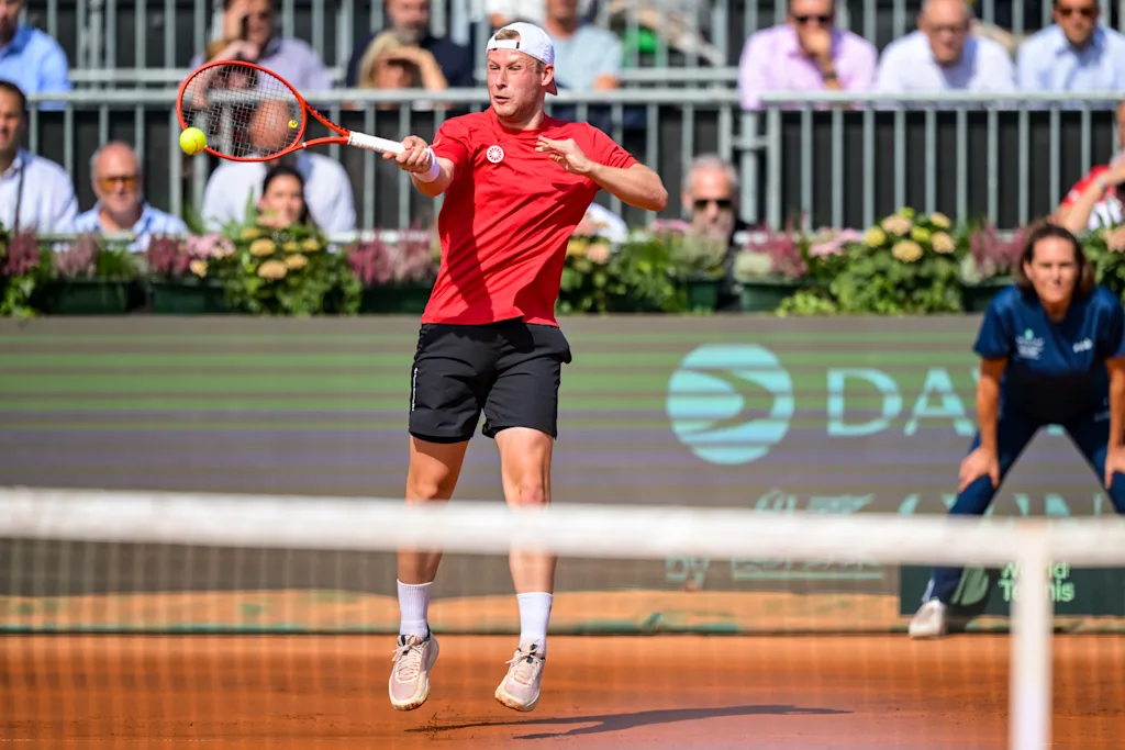 Belgian Gauthier Onclin is pictured in action during a tennis match between Austrian Rodionov and Belgian Onclin, the first rubber in the tie between Austria and Belgium, qualifiers for the Davis Cup tournament, on Friday 18 September 2026 in Vienna, Austria. BELGA PHOTO DAVID PINTENS