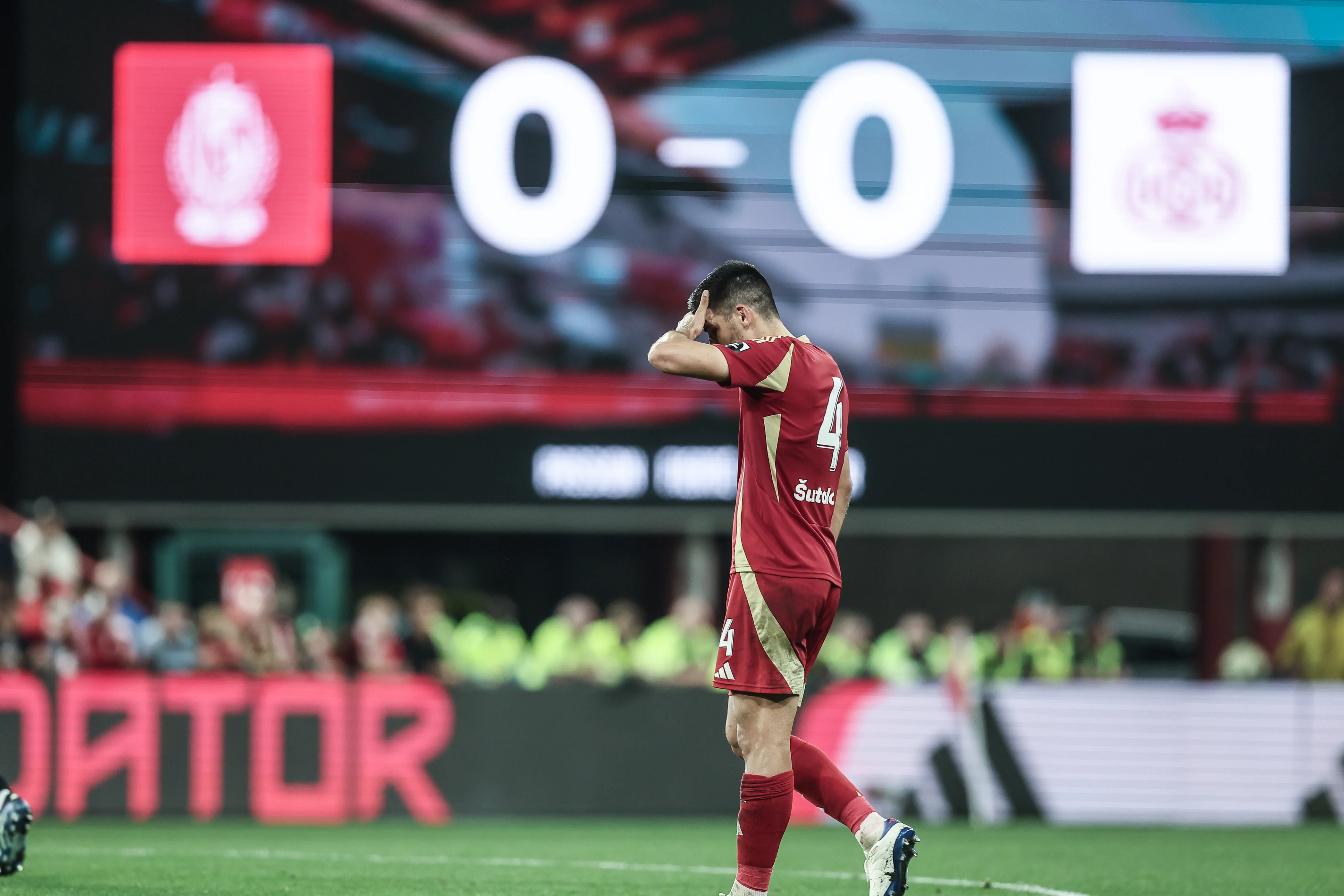 Standard's Bosko Sutalo looks dejected after a soccer match between Standard Liege and RUSG Royale Union Saint-Gilloise, in Liege, on day 6 of the 2024-2025 season of the 'Jupiler Pro League' first division of the Belgian championship, Friday 20 September 2024. BELGA PHOTO BRUNO FAHY