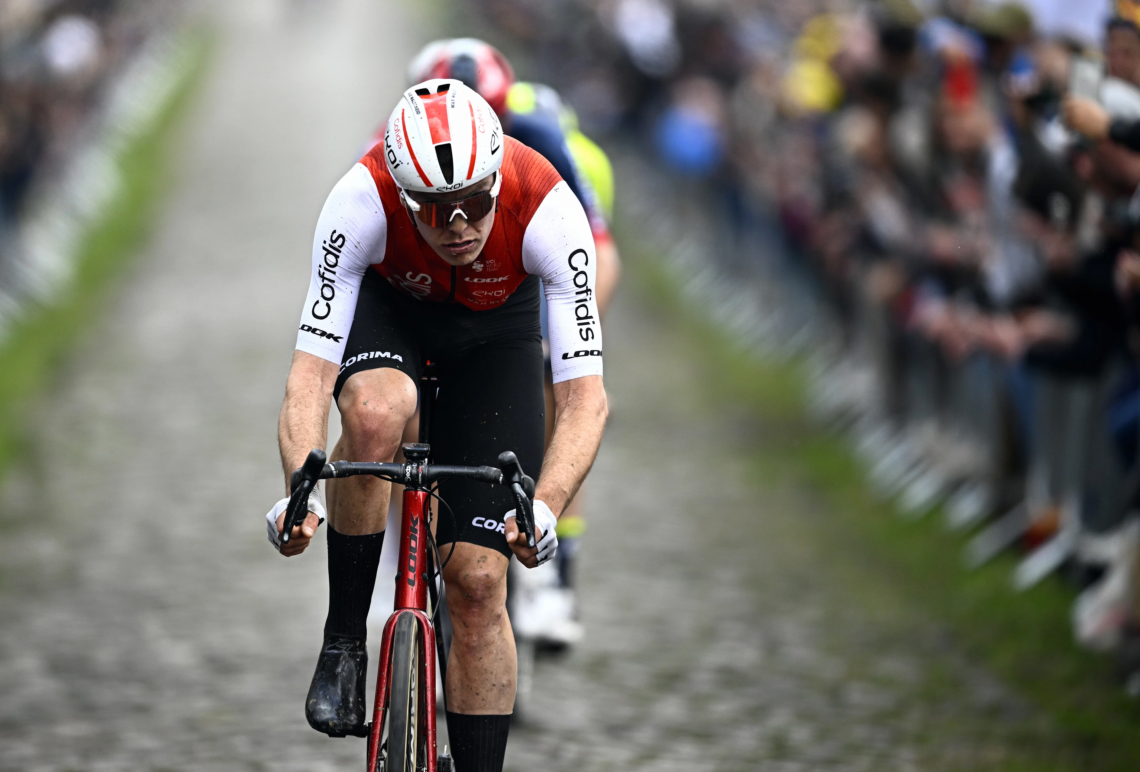 German Max Walscheid of Cofidis pictured during pictured at the 'Trouee d'Arenberg' cobbled road passage, during the men's elite race of the 'Paris-Roubaix' cycling event, 256,6km from Compiegne to Roubaix, France on Sunday 09 April 2023. BELGA PHOTO JASPER JACOBS