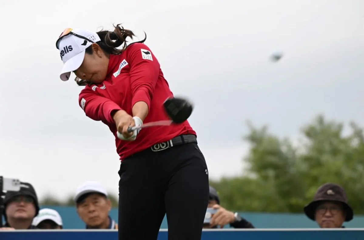 Kim A-lim of South Korea tees off on the 6th hole during the third round of the 2024 BMW Ladies Championship at Seowon Valley Country Club in Paju on October 19, 2024.   Jung Yeon-je / AFP