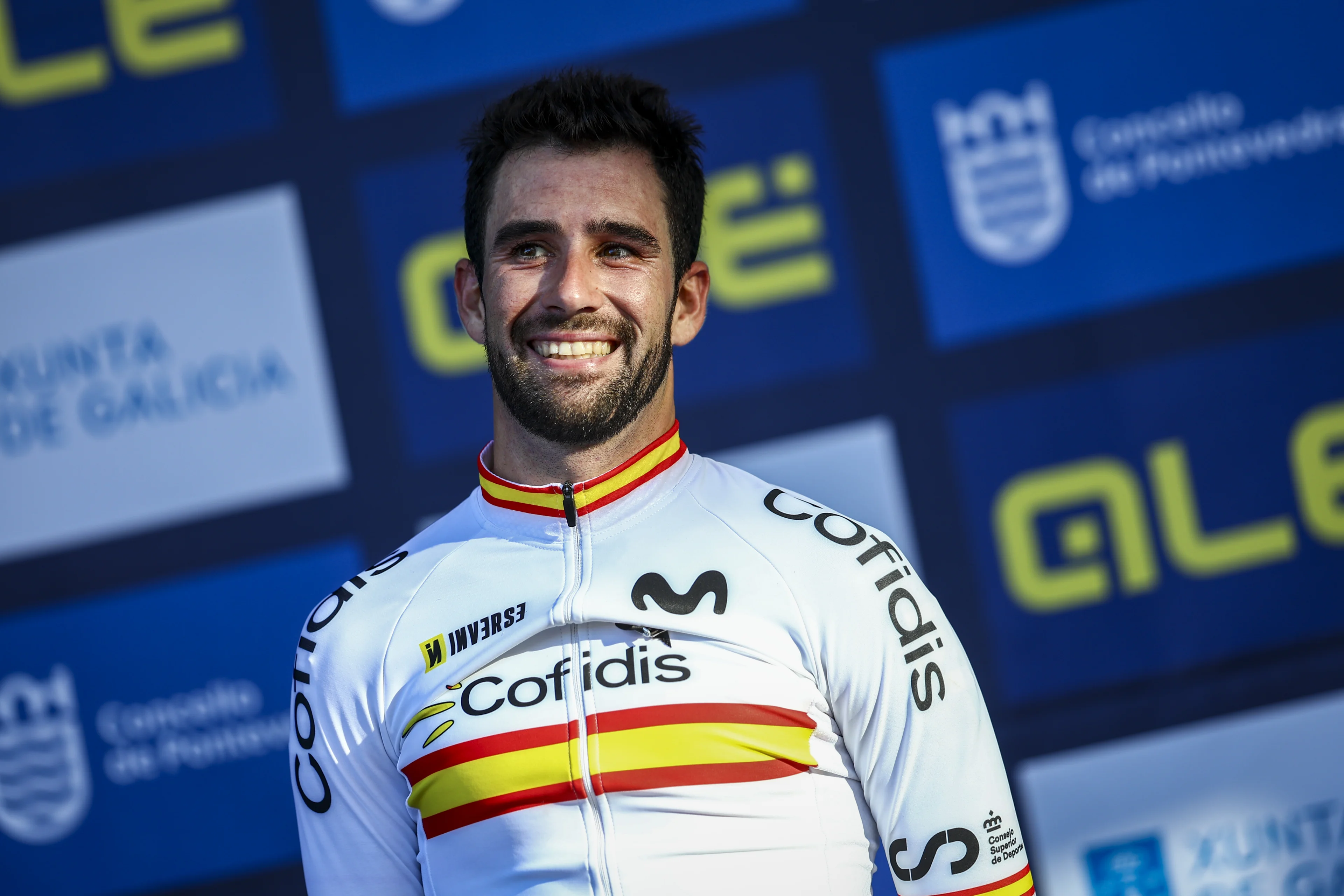 Spanish Felipe Orts Lloret pictured on the podium after the men Elite race at the European Championships cyclocross cycling in Pontevedra, Spain, Sunday 03 November 2024. BELGA PHOTO DAVID PINTENS