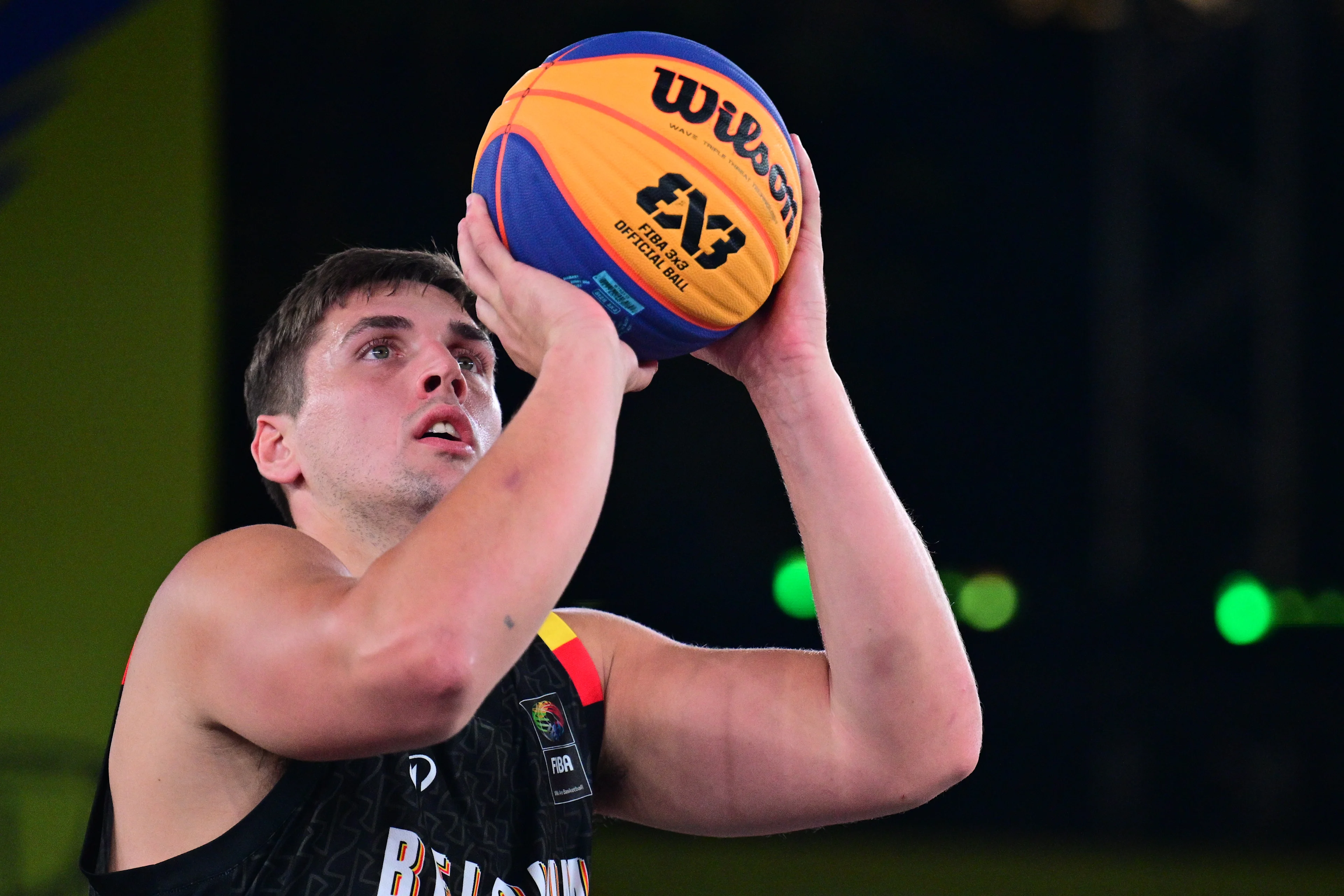 Belgium's Jonas Foerts is pictured in action during a 3x3 basketball game between Belgium and Serbia, a qualifying game in Pool A at the men's FIBA 3x3 Europe Cup, on Saturday 12 September 2026 in Antwerp. BELGA PHOTO DIRK WAEM