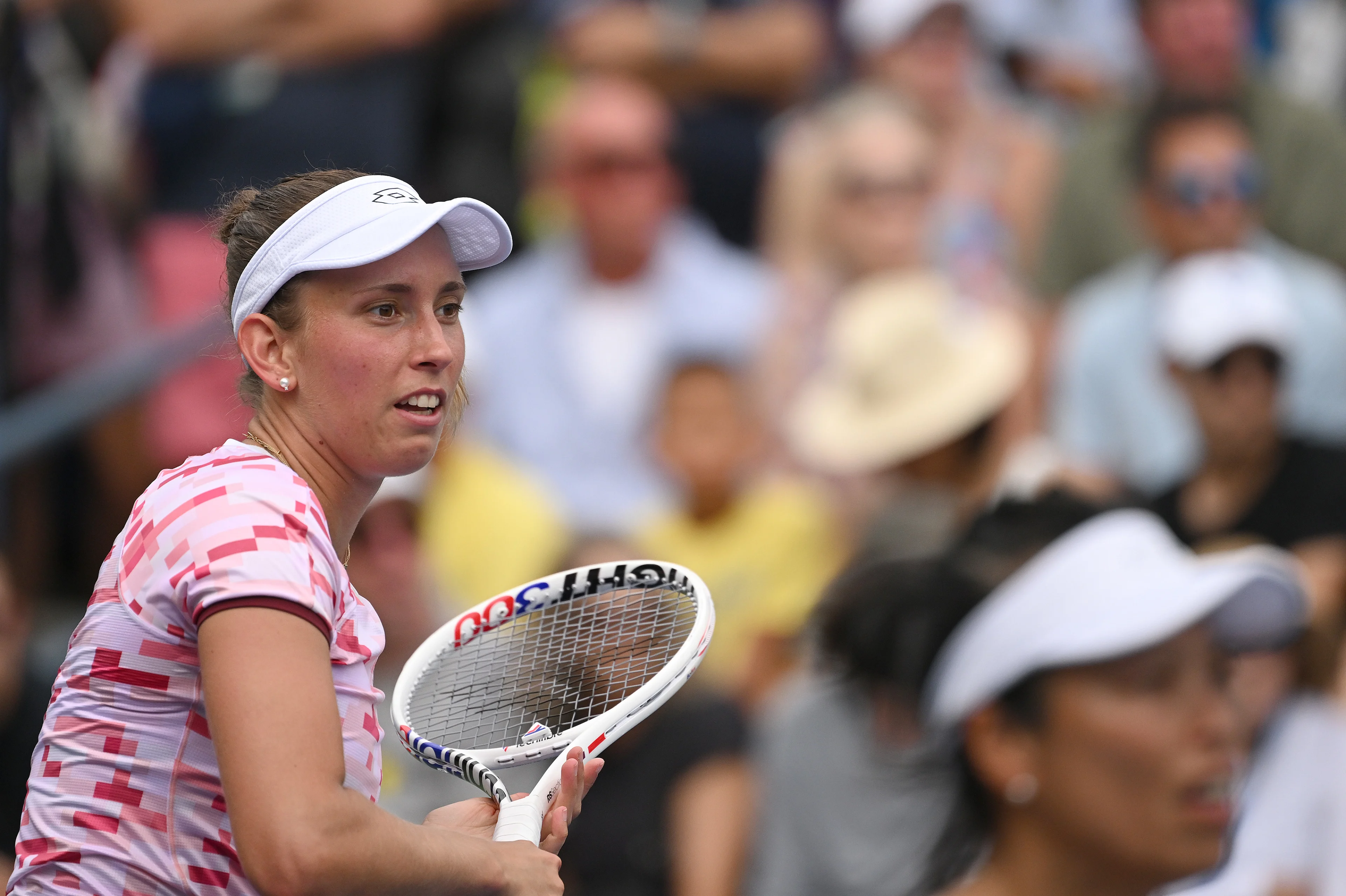 Elise Mertens of Belgium (pink) and Su-Wei Hsieh of Taipei play against Kristina Mladenovic of France and Shuai Zhang of China in the Women's Doubles: Round 1 at the 2024 U.S. Open tennis tournament at USTA Billie Jean King National Tennis Center, New York, NY, August 29, 2024. (Photo by Anthony Behar/Sipa USA)