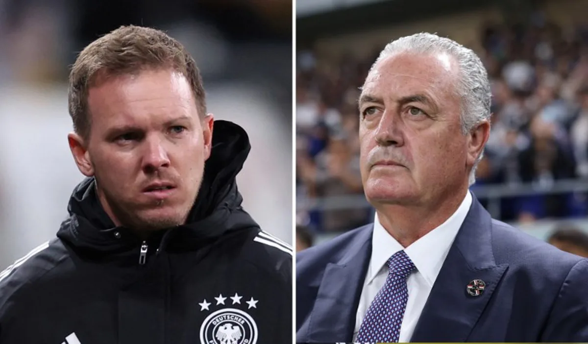 (COMBO) This combination of file photos created on June 28, 2026, shows Germany's head coach Julian Nagelsmann looking on ahead of the FIFA World Cup 2026 European qualification Group A football match between Germany and Slovakia, at the Red Bull Arena in Leipzig, eastern Germany on November 17, 2025 and Paraguay's coach Gustavo Alfaro standing for the national anthem before the international friendly football match between Japan and Paraguay at Panasonic Stadium in Suita, Osaka Prefecture on October 10, 2025. Germany and Paraguay will meet in a 2026 World Cup round of 32 football match at the Boston Stadium in Foxborough on June 29, 2026. Ronny HARTMANN, Paul MILLER / AFP