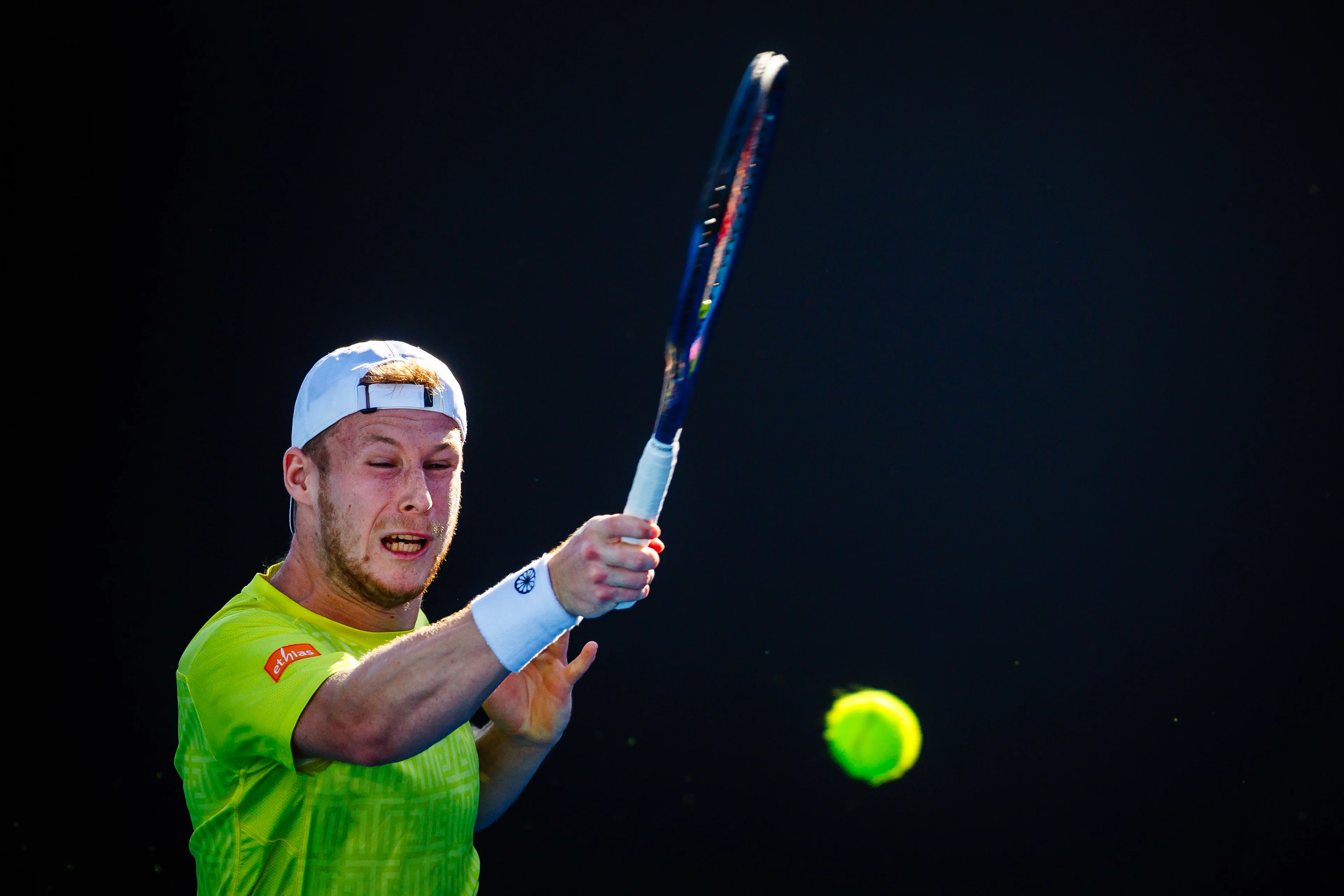 Belgian Gauthier Onclin pictured in action during a tennis match against US Kovacevic in the first round of the qualifiers for the men's singles tournament of the 'Australian Open' Grand Slam tennis tournament, Wednesday 10 January 2024 in Melbourne Park, Melbourne, Australia. The 2024 edition of the Australian Grand Slam takes place from January 14th to January 28th. BELGA PHOTO PATRICK HAMILTON