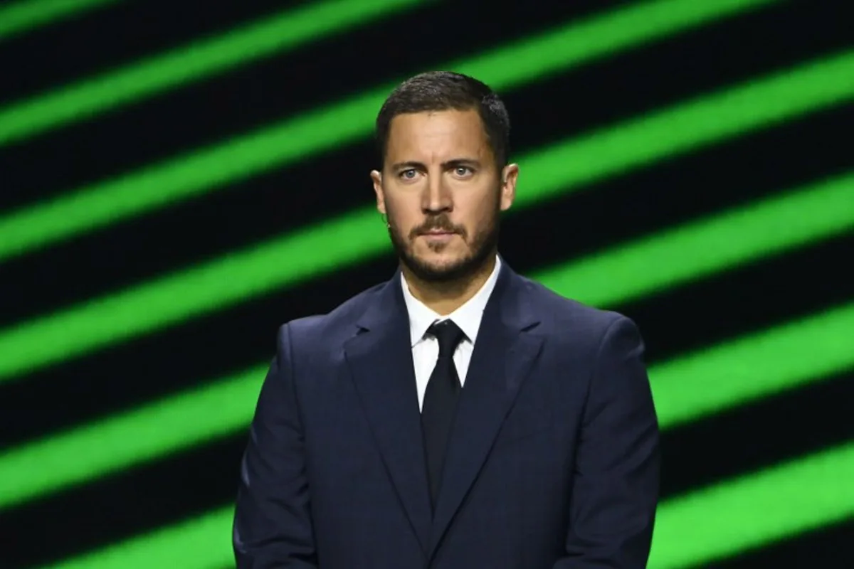 Belgian former football player Eden Hazard attends the draw ceremony for the group stage of the 2025-2026 UEFA Conference League football tournament, at the Grimaldi forum in Monaco on August 29, 2025. FREDERIC DIDES / AFP