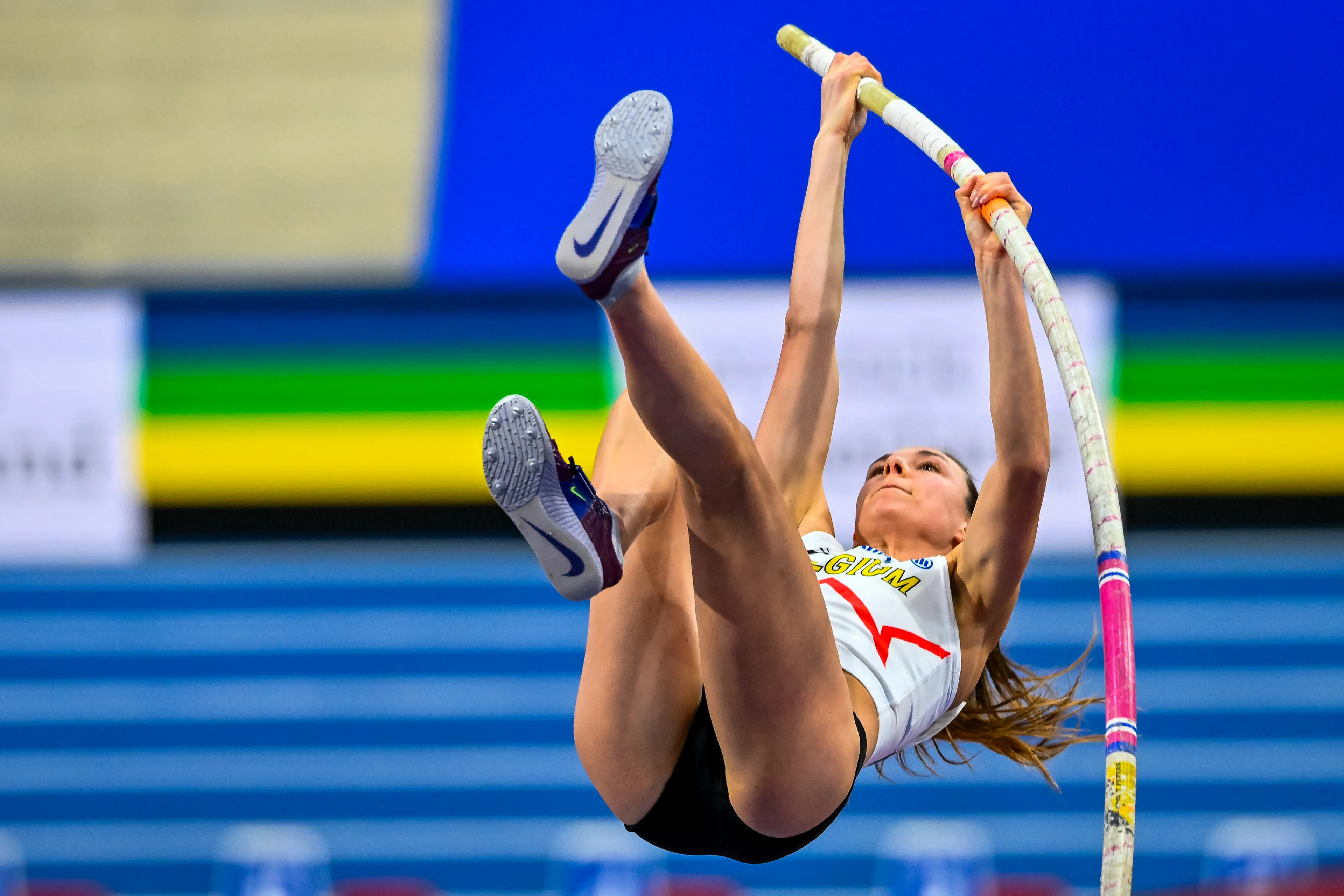 Belgian Elien Vekemans pictured in action during the warming-up for the European Athletics Indoor Championships, in Apeldoorn, The Netherlands, Saturday 08 March 2025. The championships take place from 6 to 9 March. BELGA PHOTO ERIC LALMAND